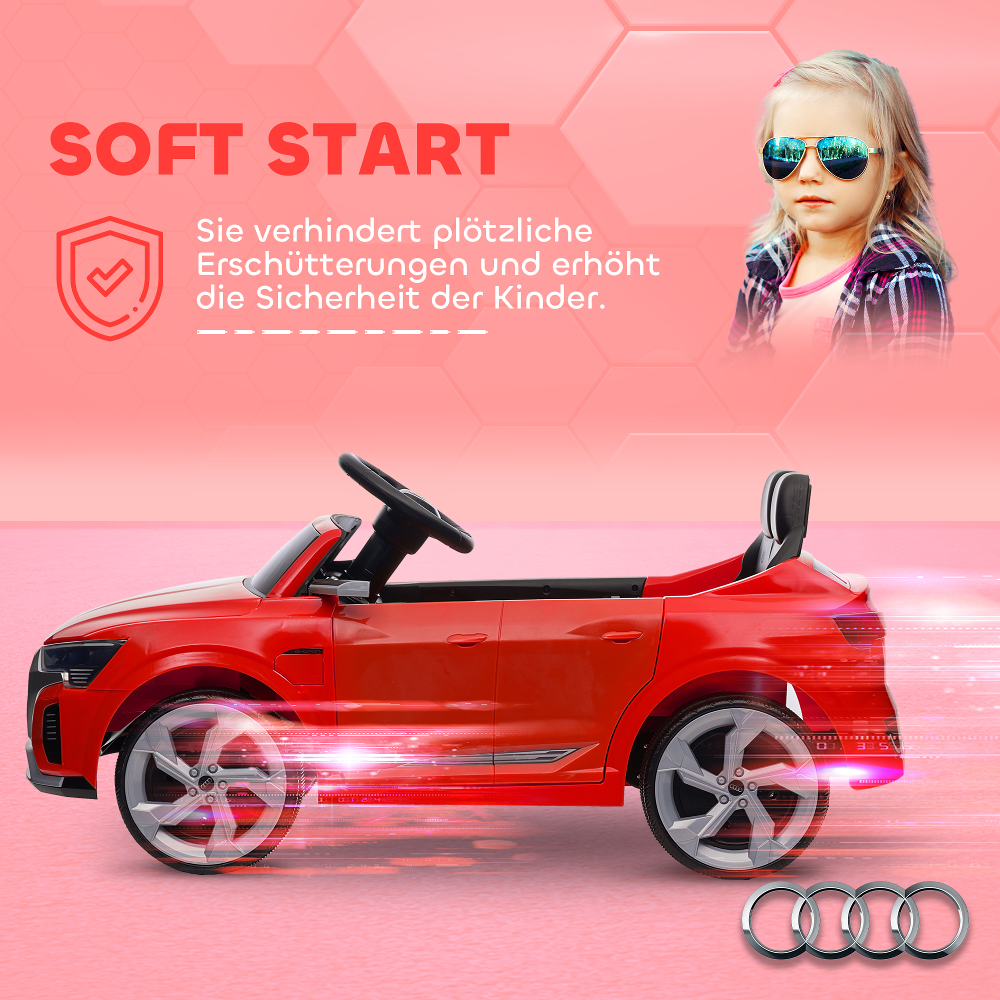 Elektro-Kinderauto, 12V Audi Q8, 3-5 km/h, Fernsteuerung, Scheinwerfer, Musik, Rot