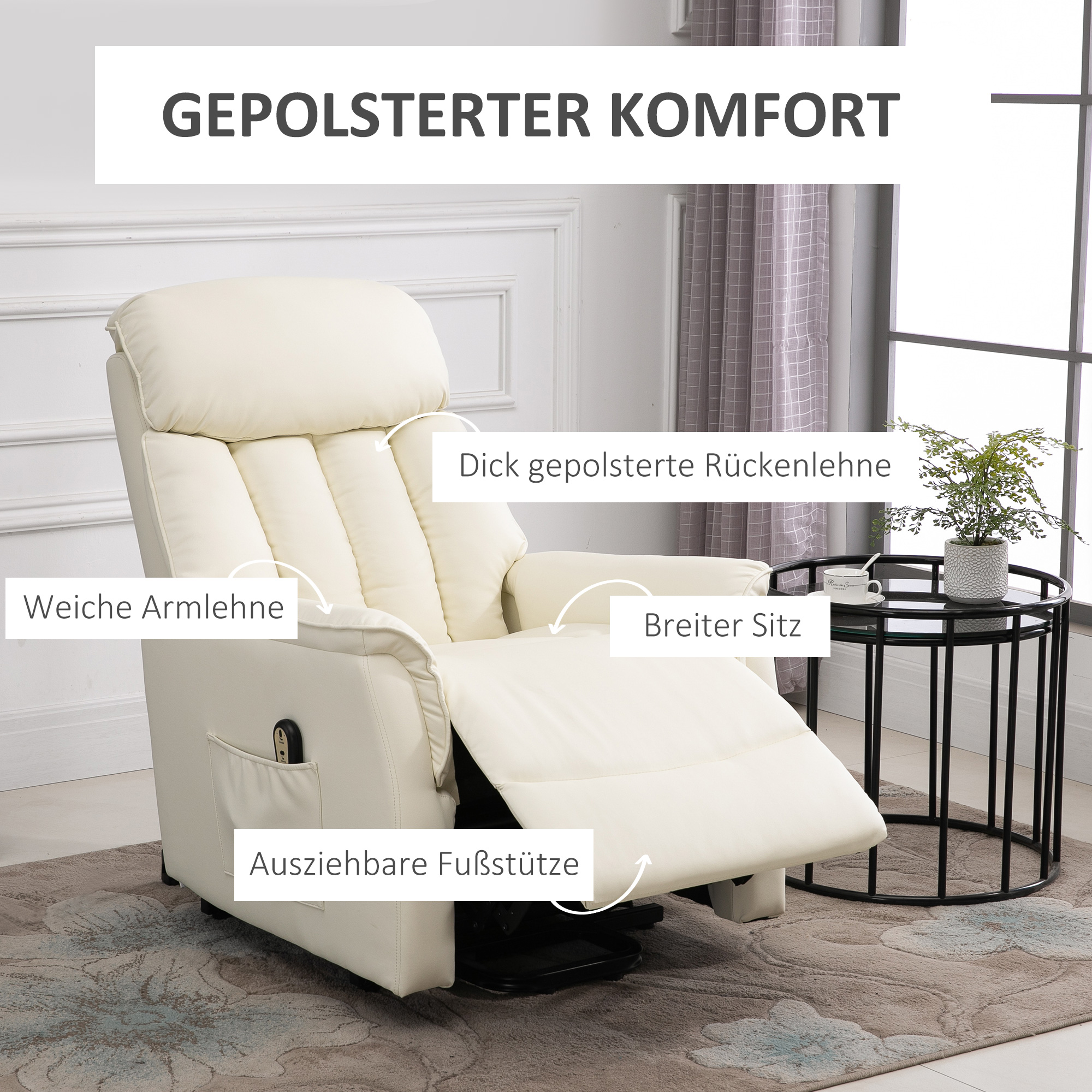Relaxsessel Elektrisch Fernsehsessel mit Aufstehhilfe, Liegefunktion, TV Sessel mit Fußteil, Seitentasche, Fernbedienung, für Wohnzimmer, bis 150 kg, Kunstleder, Beige