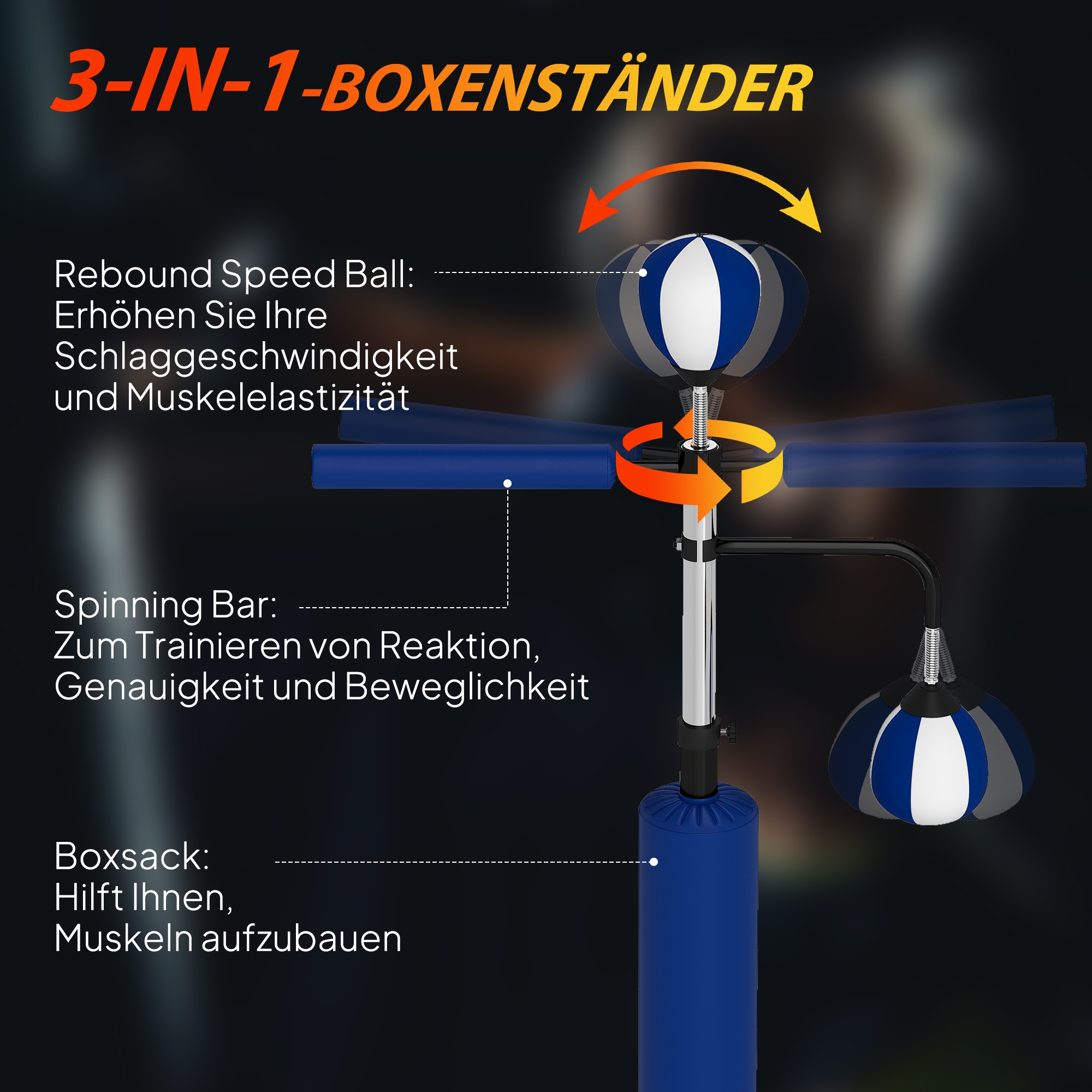 Boxstand, zwei Speedballs, drehbare Boxstange, Kickpolster, höhenverstellbar, Stahl, 107 x 36 x 140-205 cm, Blau