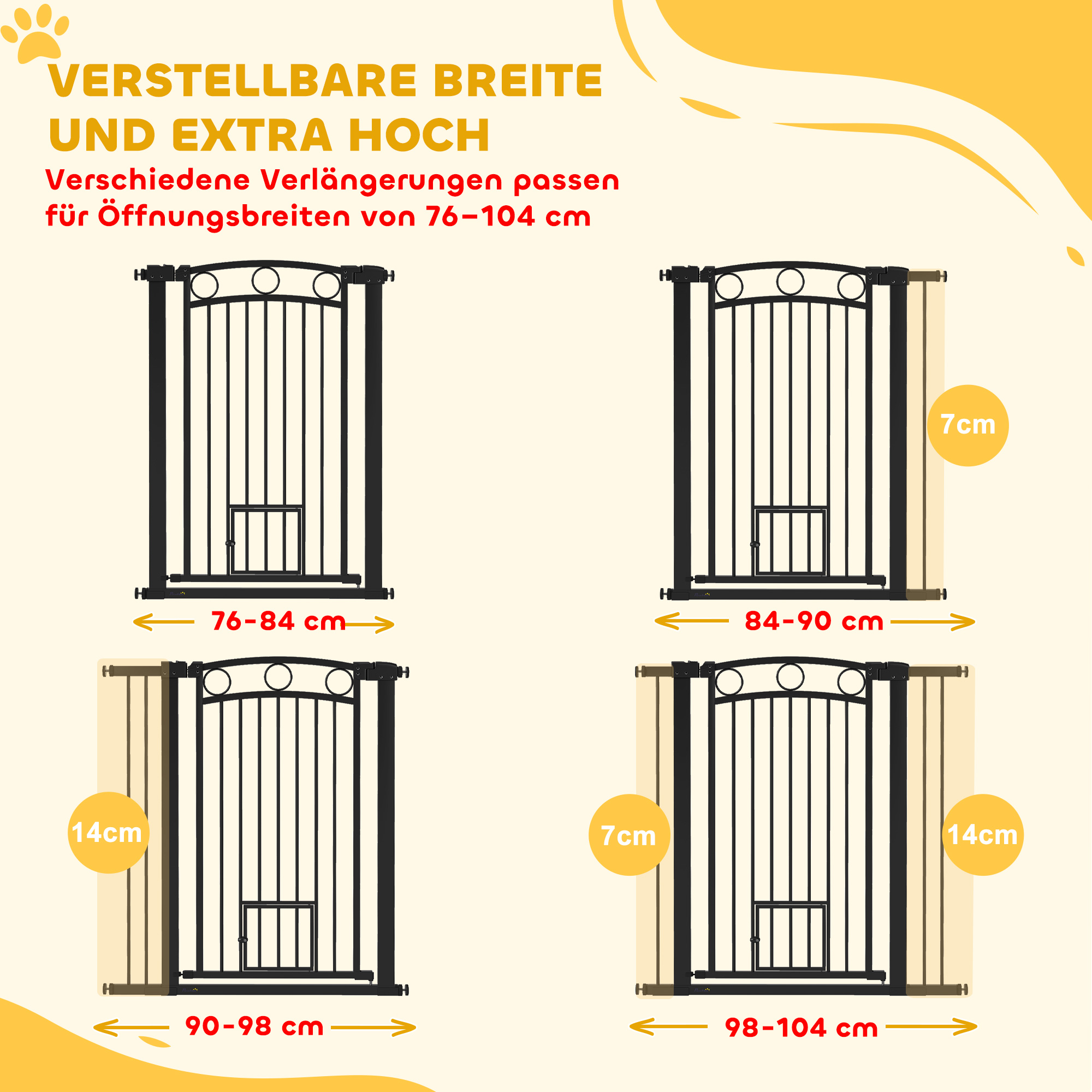 106 cm hohes Haustiergitter mit anpassbarer Breite, integrierte Katzentür, für Treppen und Türrahmen, Schwarz