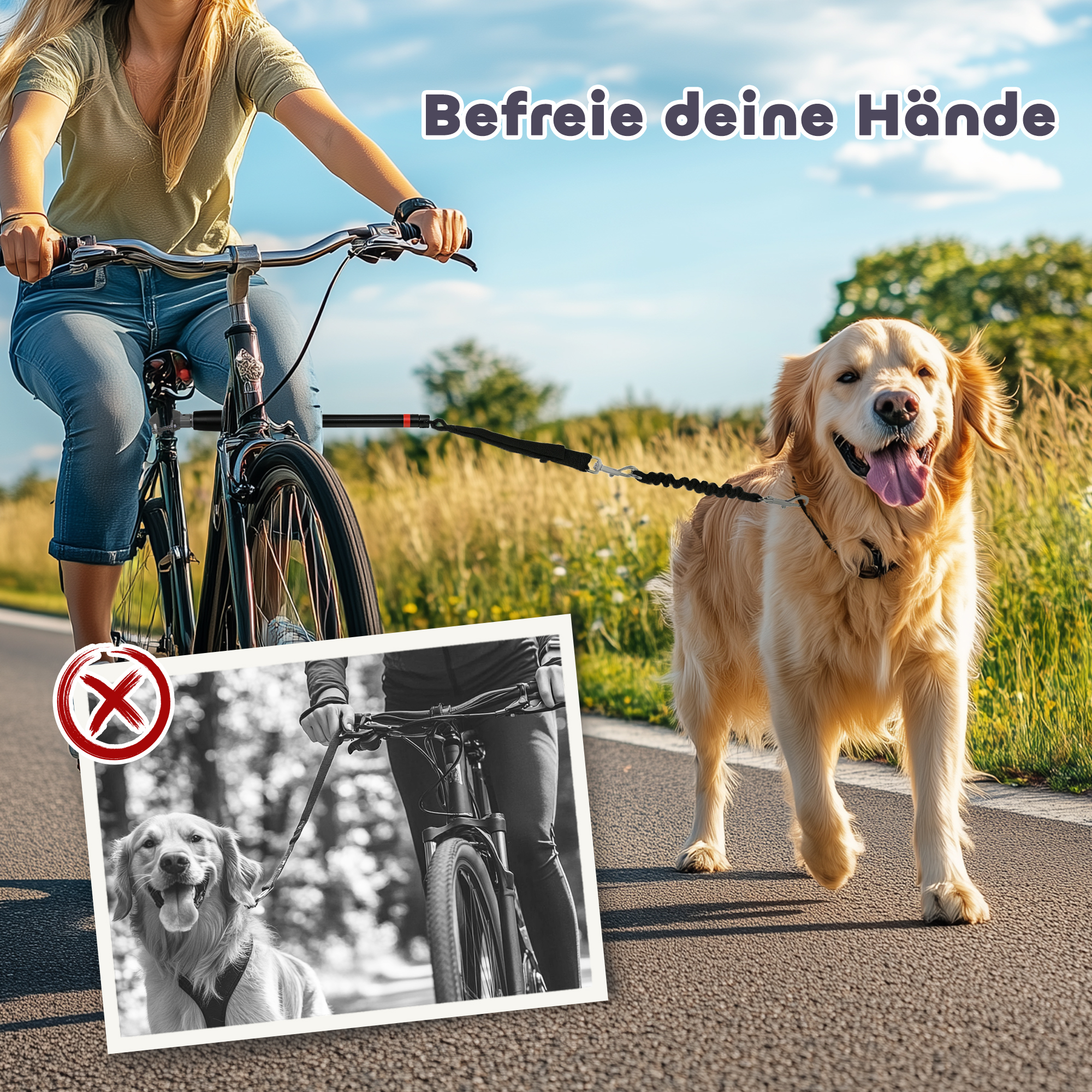 Hundeleine fürs Fahrrad, elastisches Seil, Stahlrohr, 124 cm, Schwarz