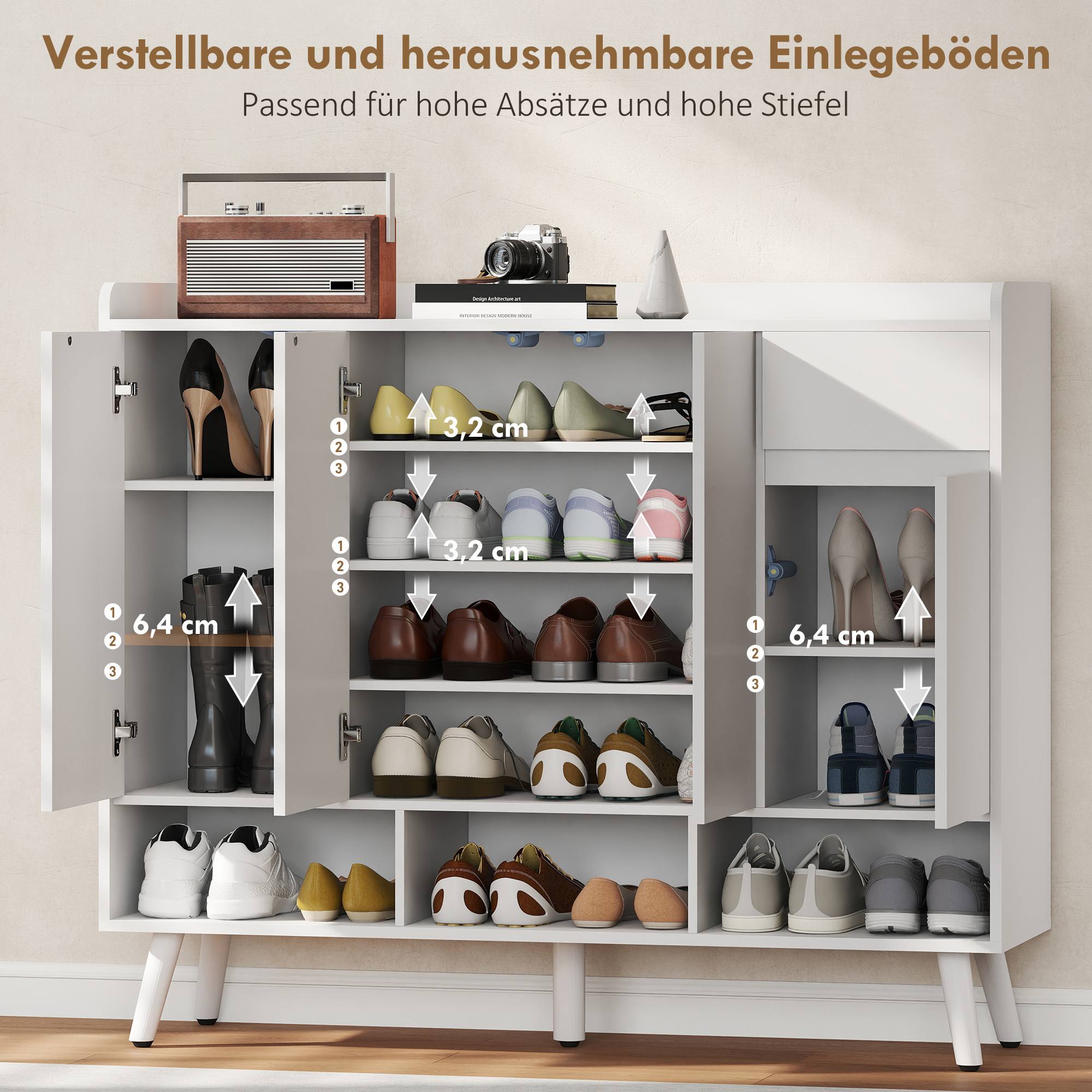 Schuhschrank mit grifflosem Design, 4 Türen, 4 verstellbare Regale, freistehendes Schuhregal mit 5 Holzbeinen, Holz, Weiß
