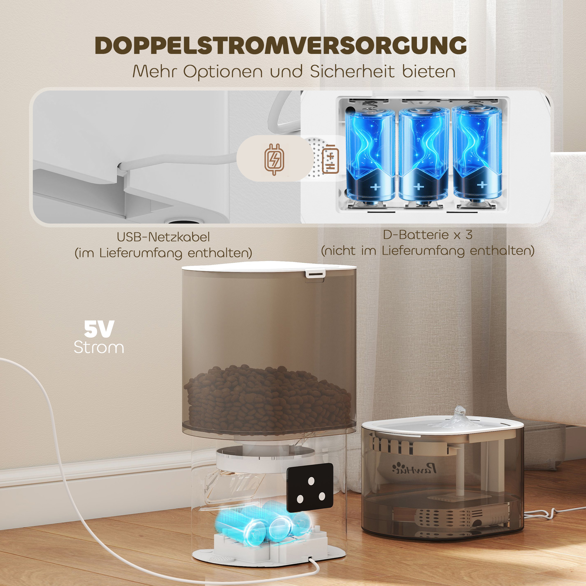 Automatischer Futterspender und 2,5 L Wasserspender für kleine Hunde, Katzen Weiß