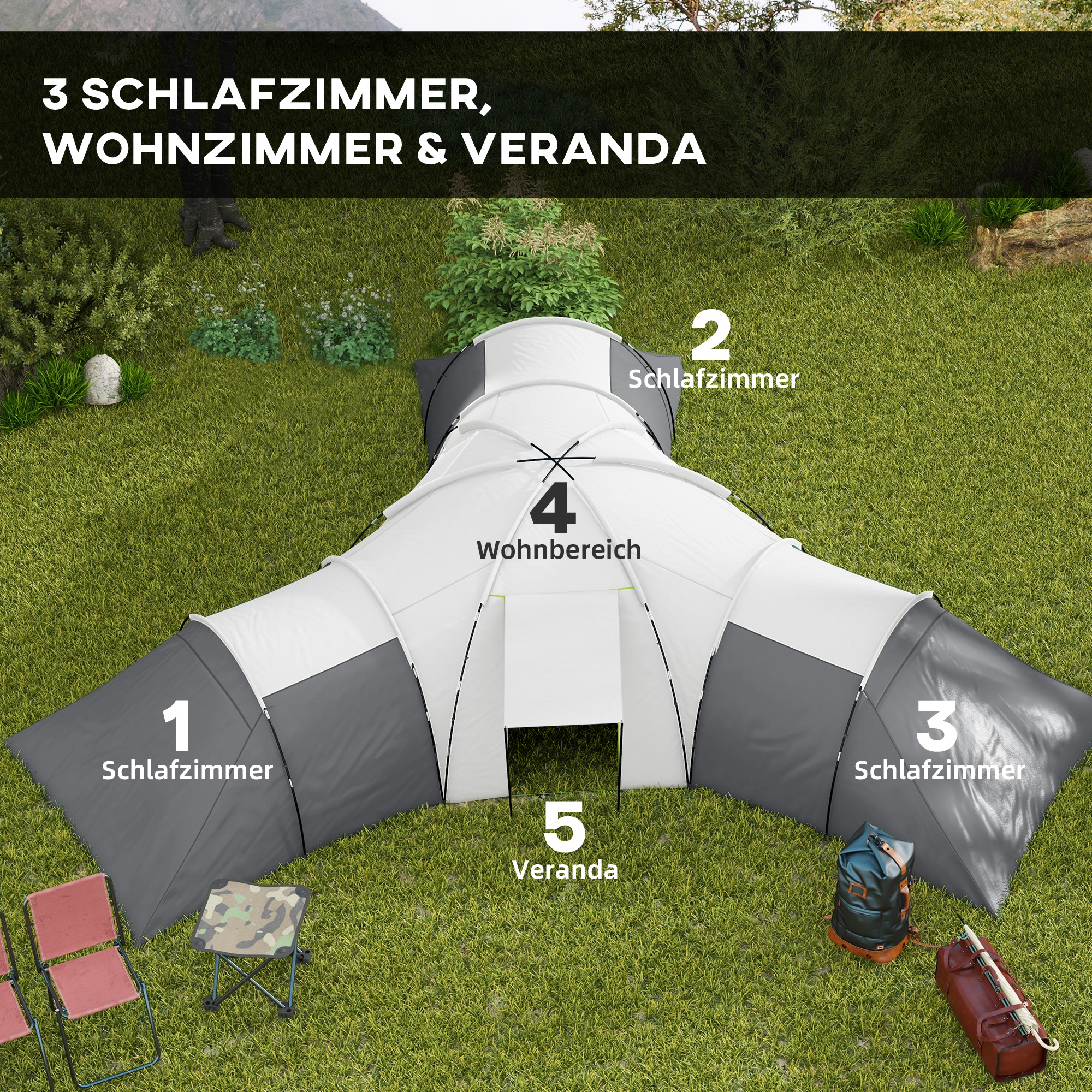 Campingzelt für 6-9 Personen, 4 Räume, Vorzelt, wasserdicht, 615x 615x225cm, Grau