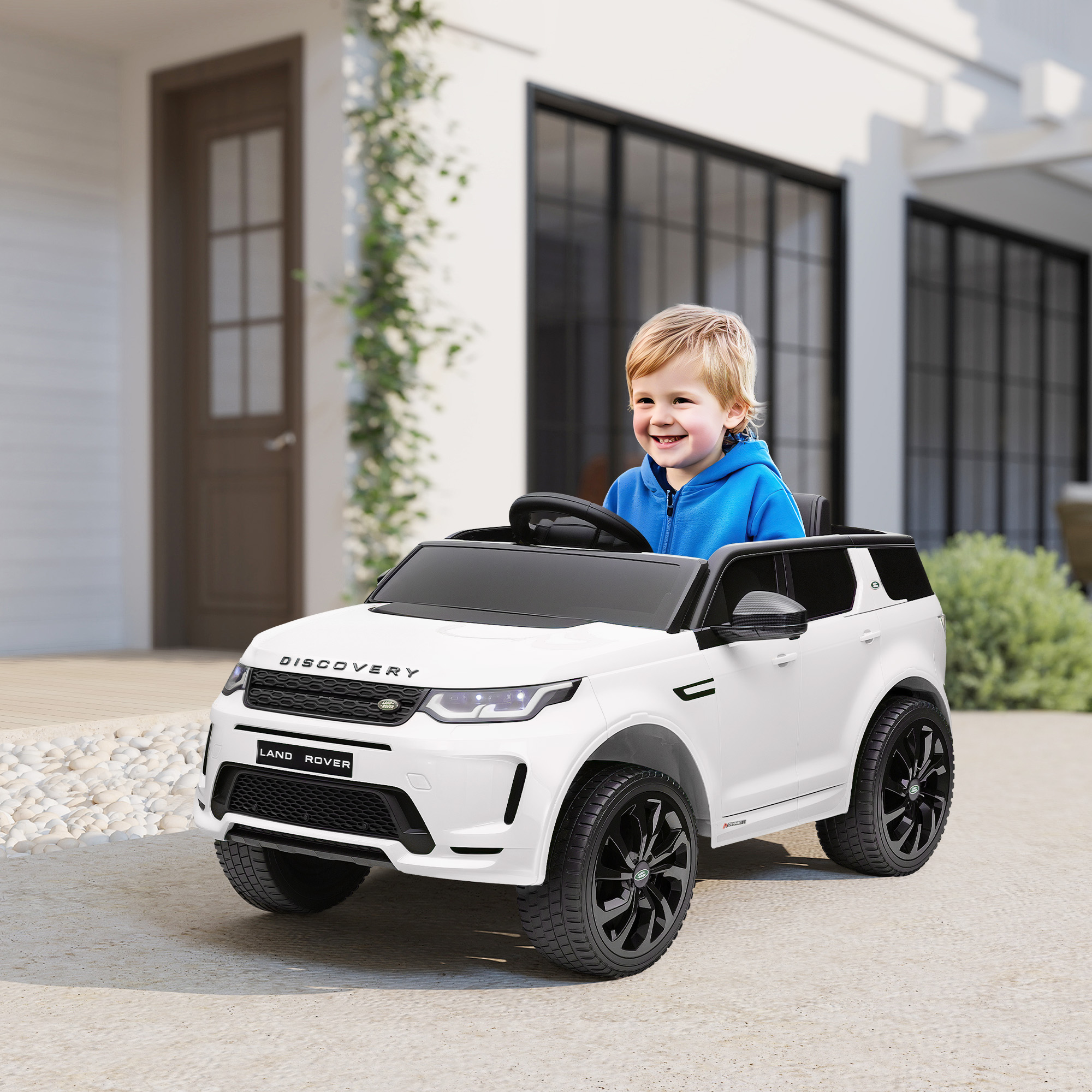 Kinder-Elektroauto, 12V Kinderfahrzeug mit Fernbedienung, LED-Lichtern, Musik und Hupe, 3-6 Jahre, Weiß