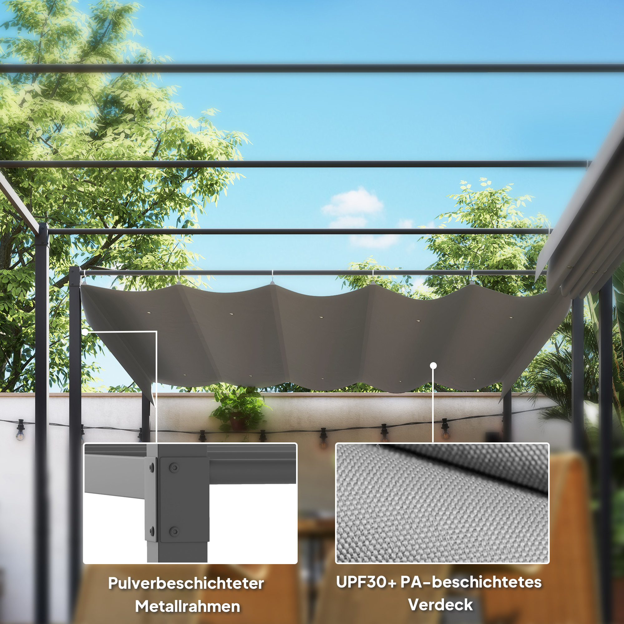 3 x 3 m Garten-Pergola mit einziehbarem Dach, Pavillon, Baldachin für Schatten, UPF30+, Grau