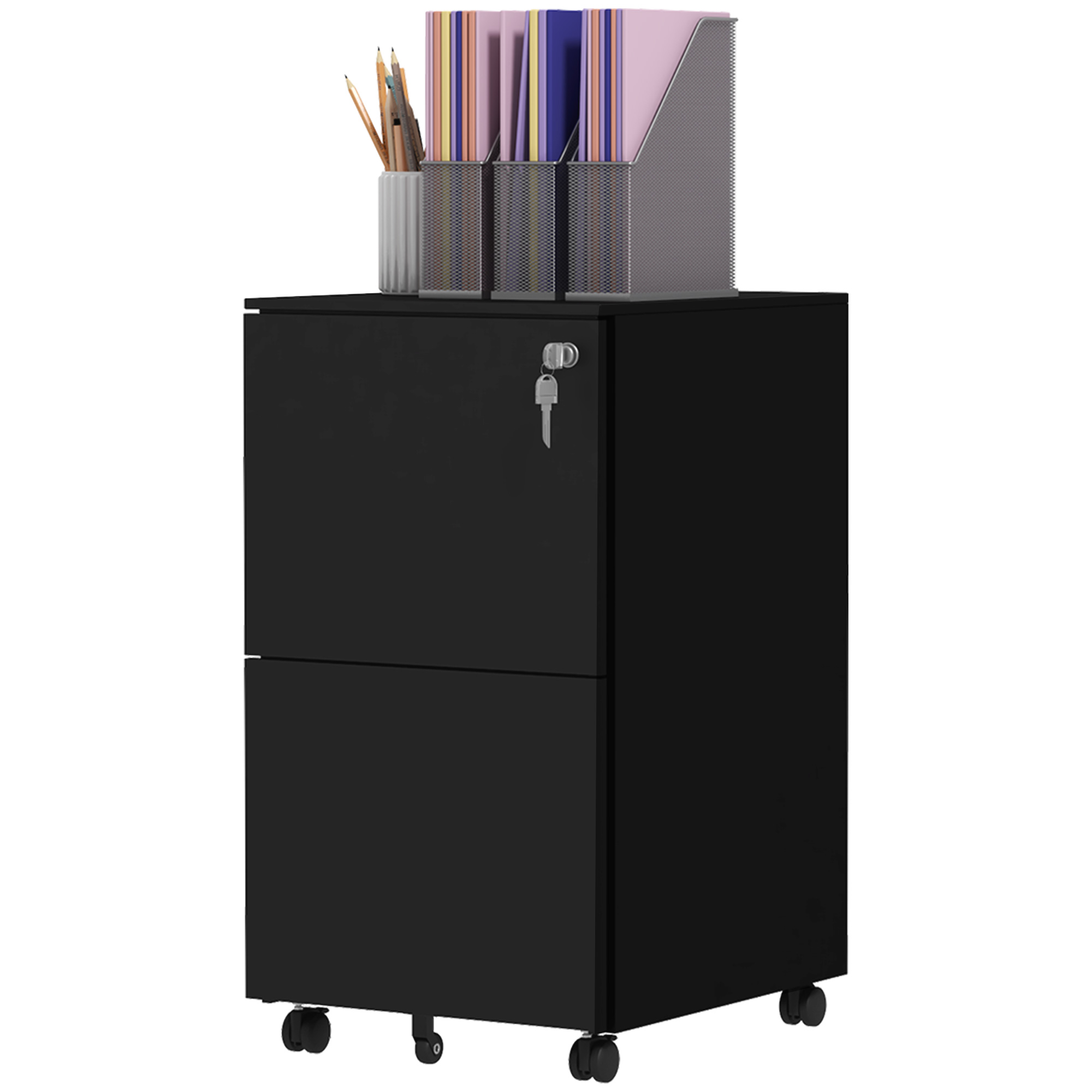 Rollcontainer Aktenschrank, 2 Schubladen, abschließbar, rollbar, 37 cm x 43,5 cm x 67,5 cm, Schwarz Rollcontainer Aktenschrank, 2 Schubladen, abschließbar, rollbar, 37 cm x 43,5 cm x 67,5 cm, Schwarz