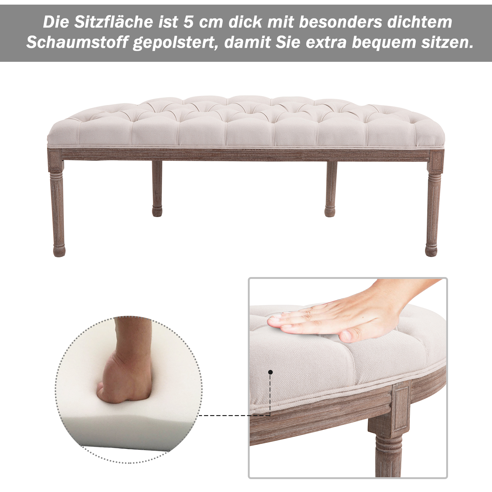 Polsterbank Sitzbank Lounge Sitzhocker Vintage Retro mit Knöpfen Sofa Couch Leinen + Holz beige 140,5 x 51 x 48 cm