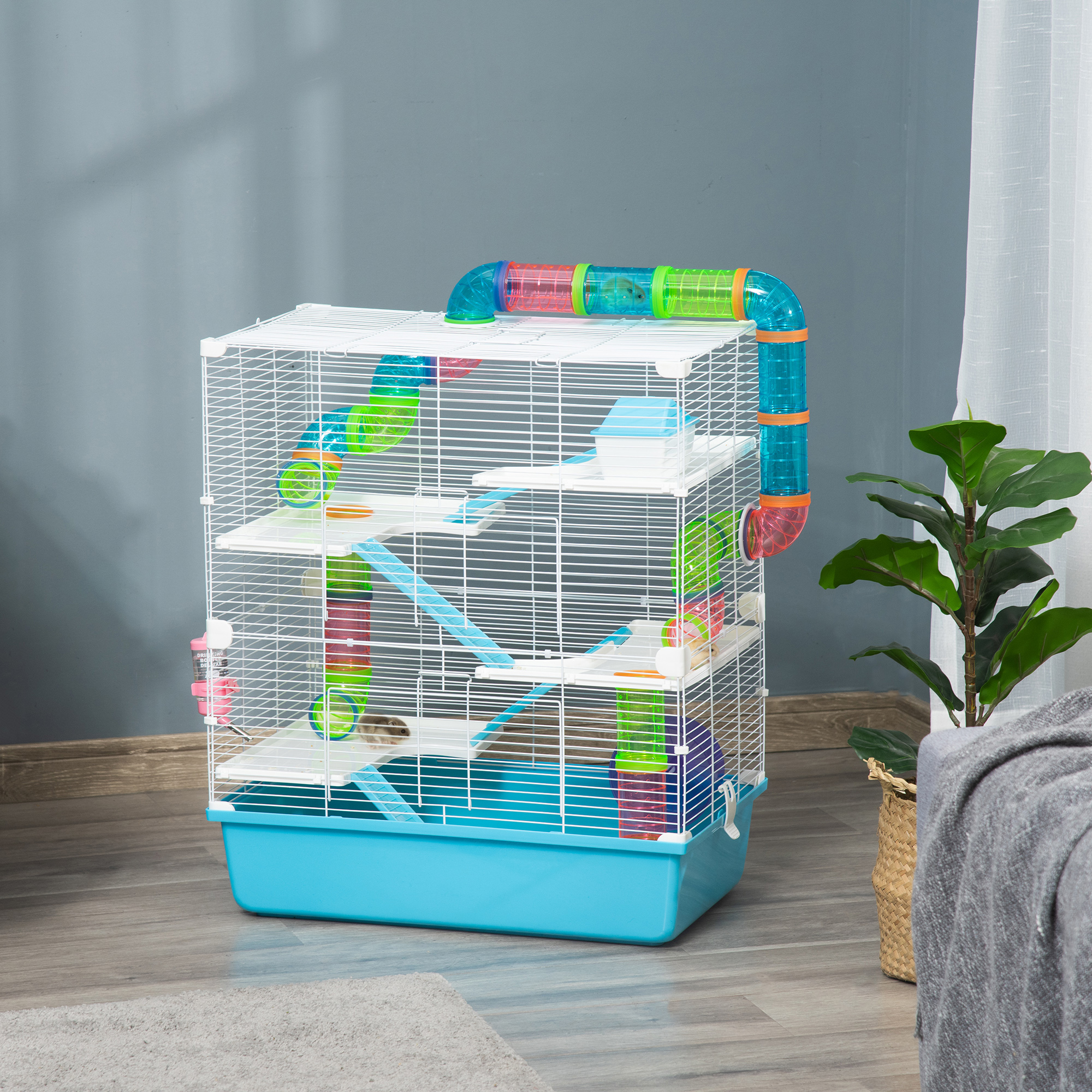 Kleintierkäfig Kleintierstall mit Rampe und Laufrad 5-Ebenen Käfig Nagerkäfig kleine Haustiere Futternapf Trinkflasche Stahldraht Kunststoff PS Hellblau+Weiß 59 x 36 x 69 cm