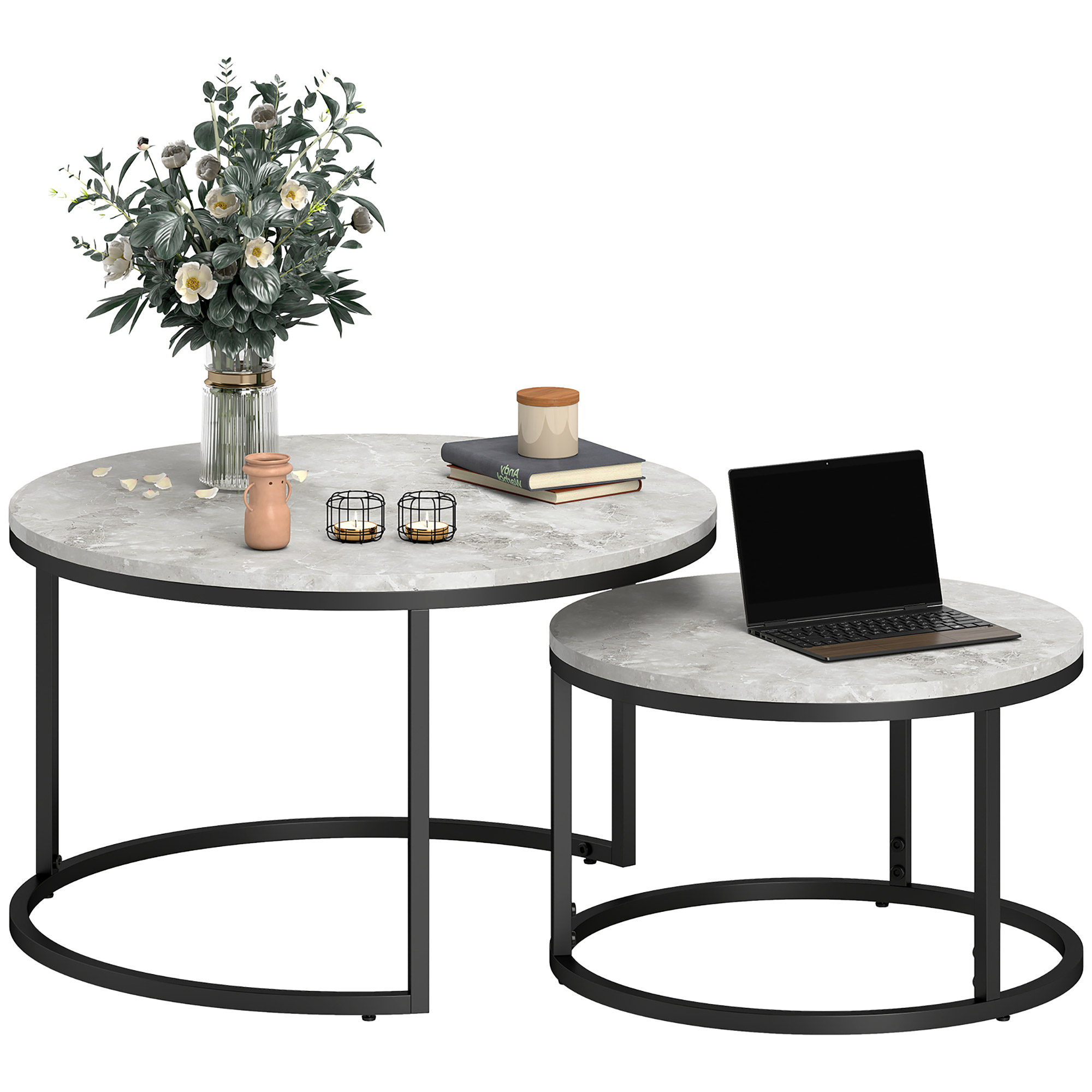 Couchtisch-Set, 2 runde Satztische, Industriedesign, Metallgestell, Betonoptik/Schwarz Couchtisch-Set, 2 runde Satztische, Industriedesign, Metallgestell, Betonoptik/Schwarz