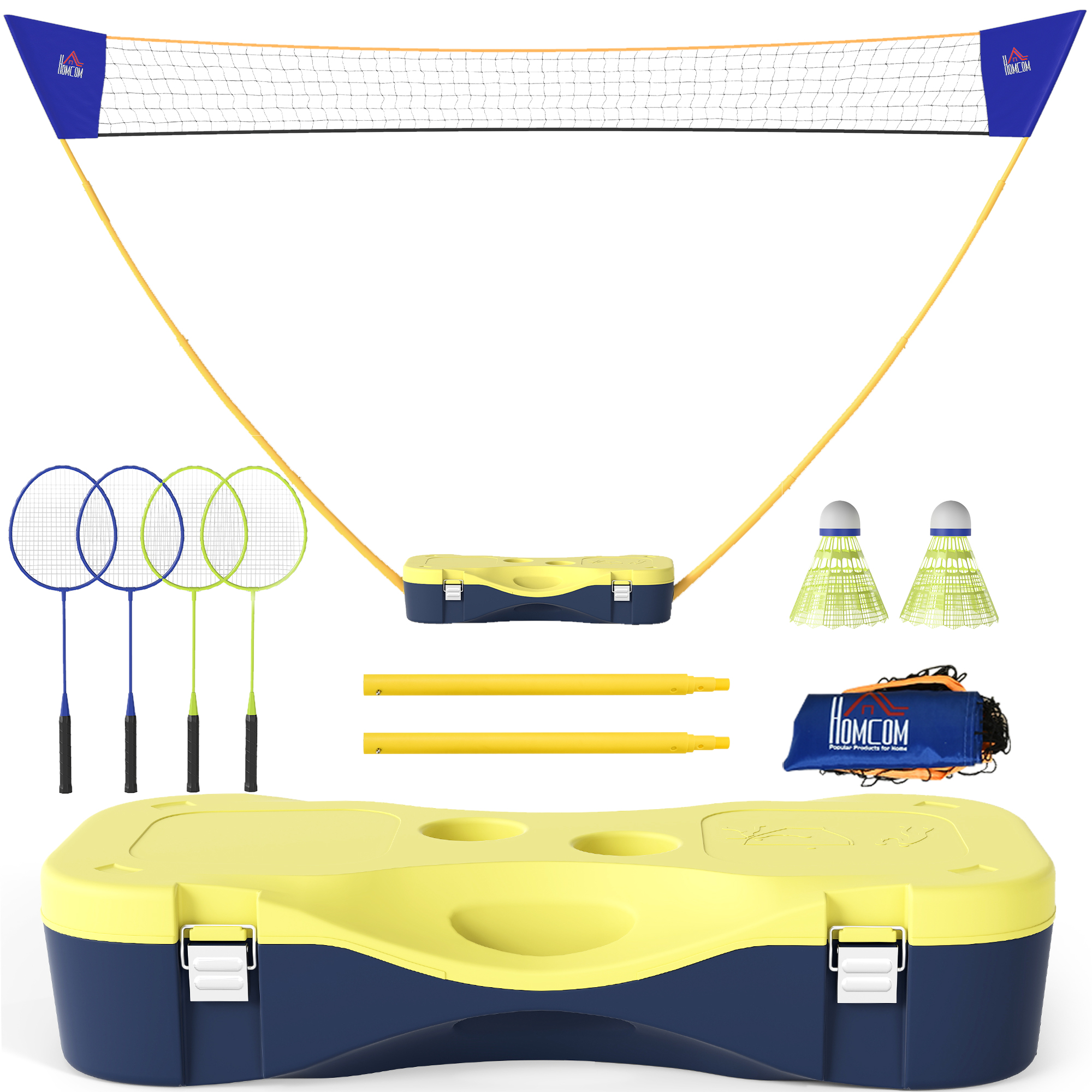 Badminton Netz mit Stand, Badminton-Netzständer, tragbarer Netzständer, Badmintonnetz mit 4 Badminton-Schlägern, Outdoor-Sport, Gelb+Blau, 286 x 33 x 157 cm
