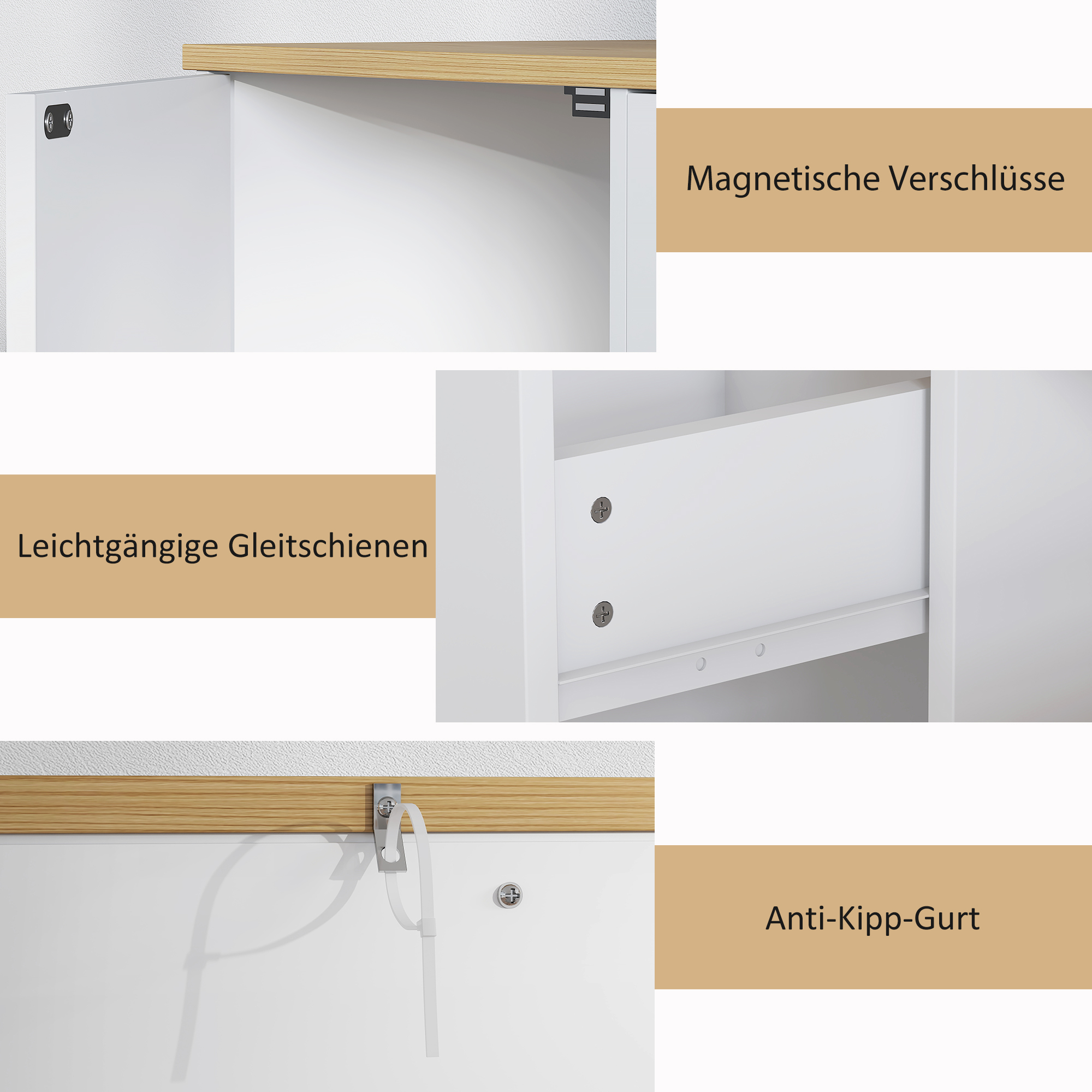 Küchenkommode, Sideboard mit Schublade, Schränken, Regalen, Spanplatte, Weiß
