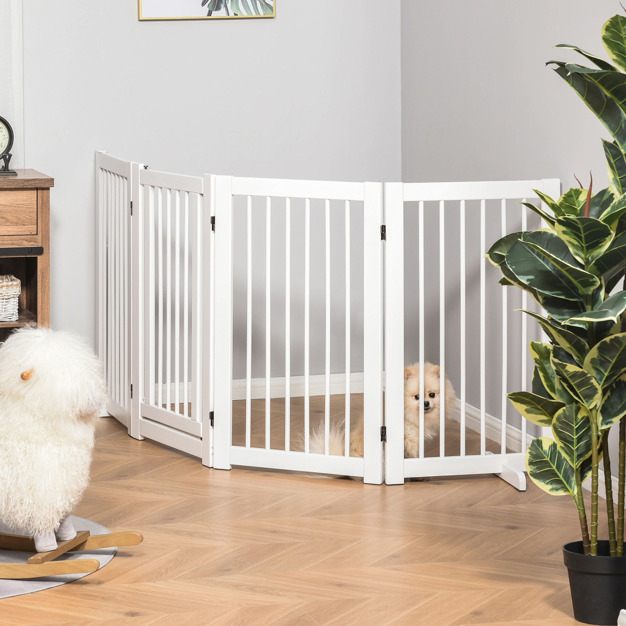 Absperrgitter Hund 4-teilig, 204 x 75 cm Faltbar Türschutzgitter mit Tür, Freistehend Hundegitter mit 2 Stützfüßen, Treppengitter aus Holz für Flur, Küche, Treppe, Weiß
