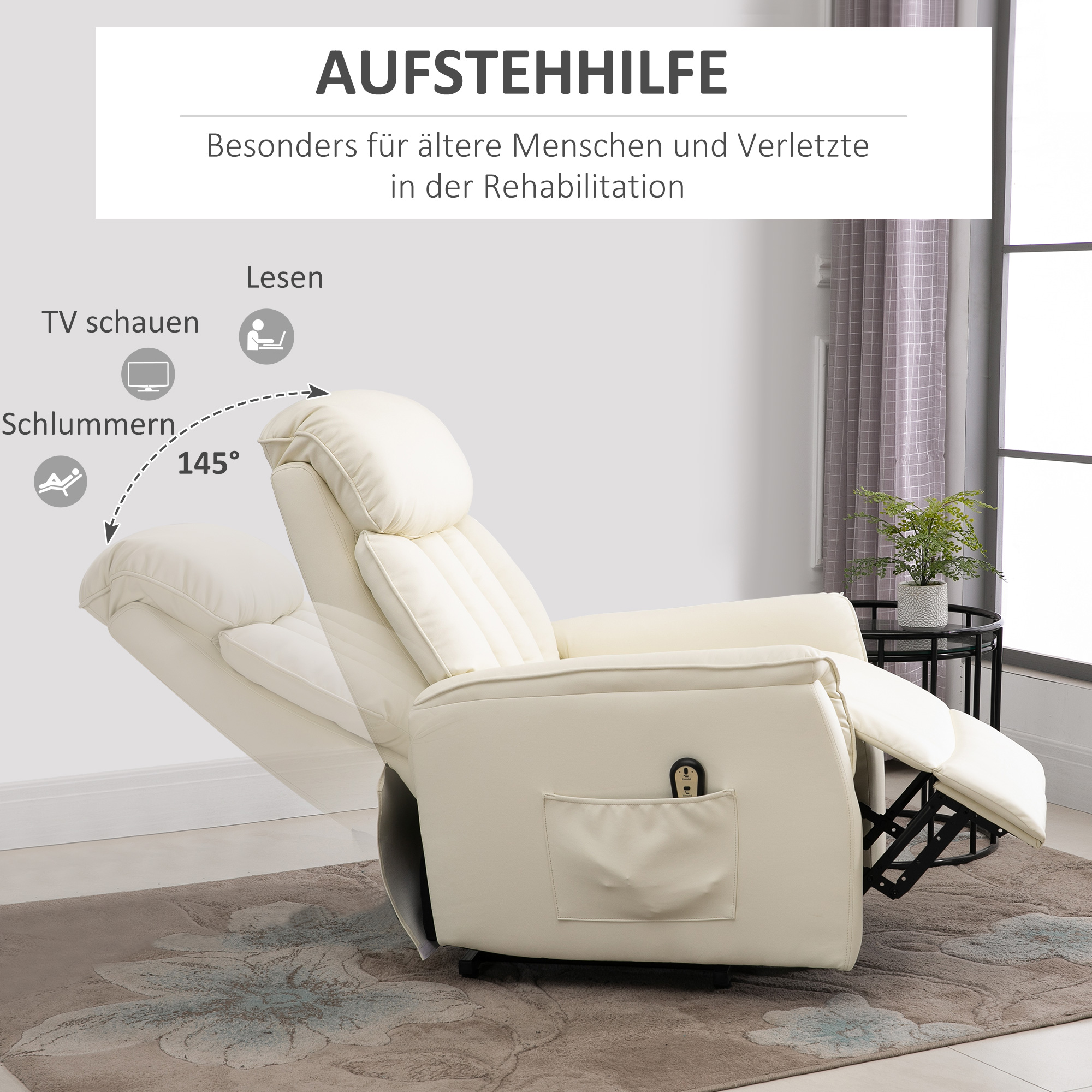 Relaxsessel Elektrisch Fernsehsessel mit Aufstehhilfe, Liegefunktion, TV Sessel mit Fußteil, Seitentasche, Fernbedienung, für Wohnzimmer, bis 150 kg, Kunstleder, Beige
