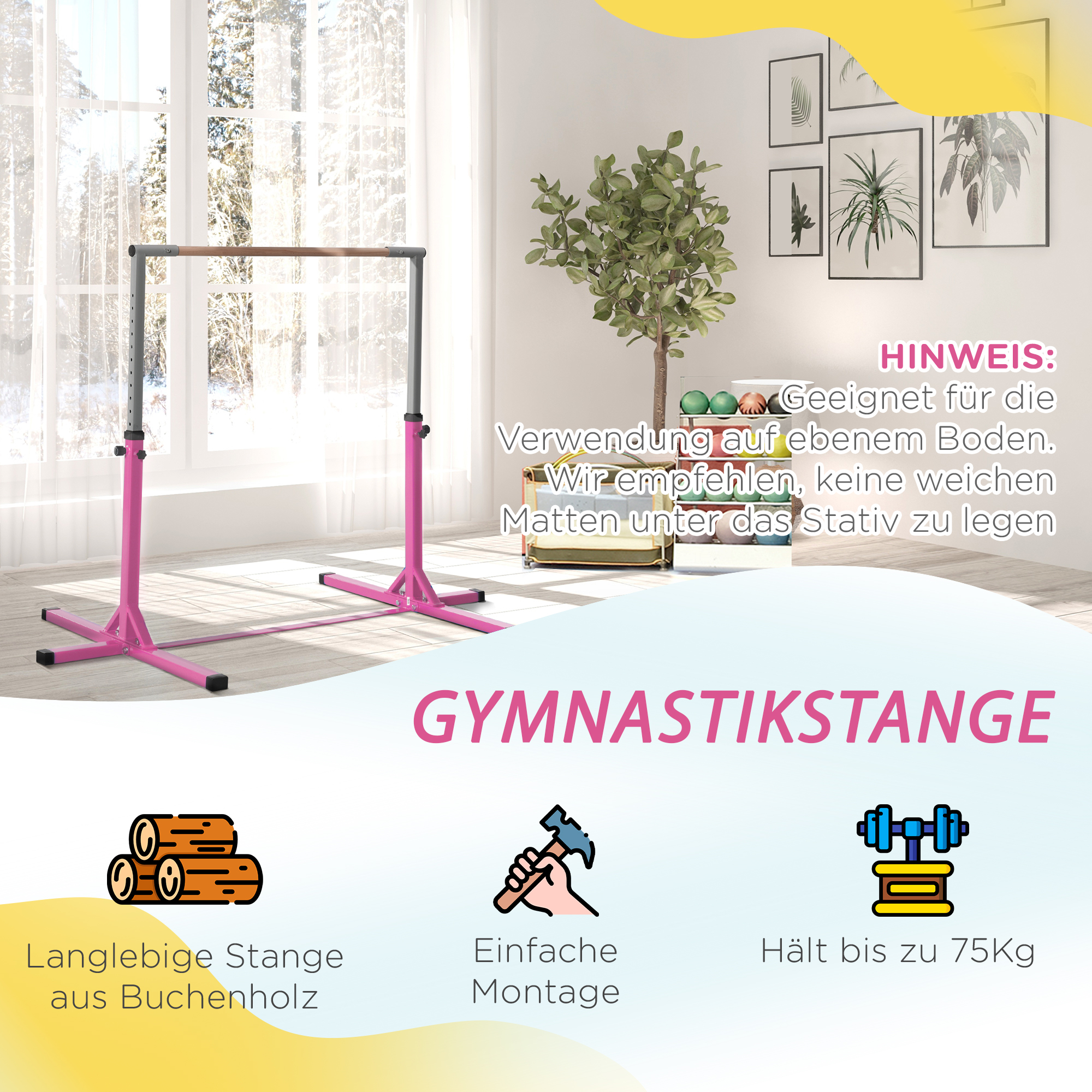Gymnastik-Turnreck, 13-stufig höhenverstellbar Reckstange, Reck Turnstange aus Holz & stabile Stahlkonstruktion bis 75 kg belastbar, für 3+ Kinder, Indoor, Outdoor, Rosa