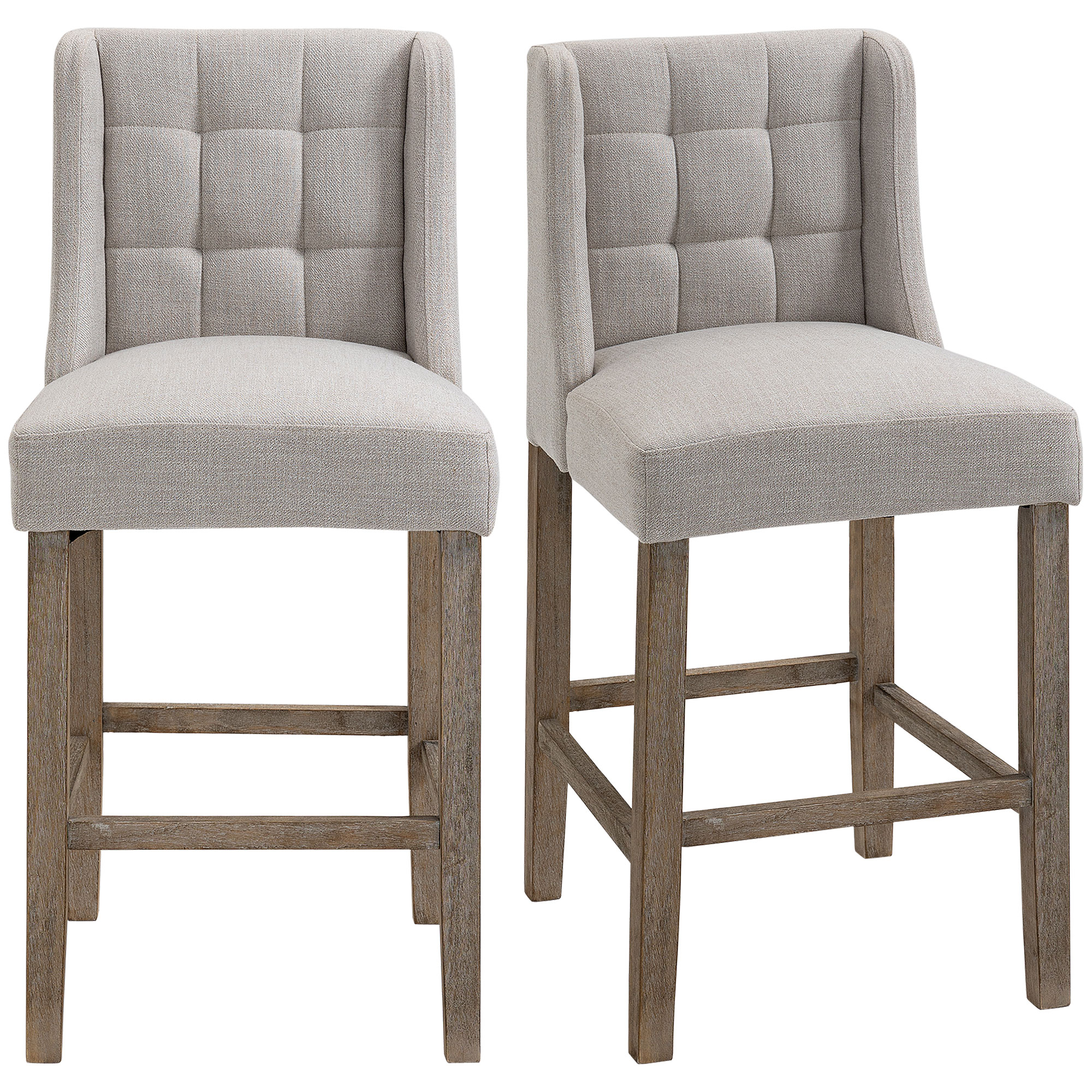2er-Set Barhocker mit lehne Barstühle mit Knopfheftung, Massivholz, inkl, Fußstütze, 47 cm x 50 cm x 101 cm, Grau + Natur