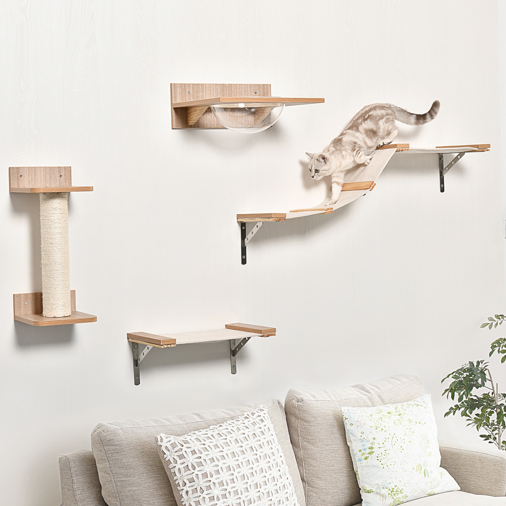 4tlg, Kletterwand für Katzen Katzenkletterwand mit Kratzbaum Katzentreppe Katzenmöbel Hängematte Hellbraun Sisal Acryl Kiefer
