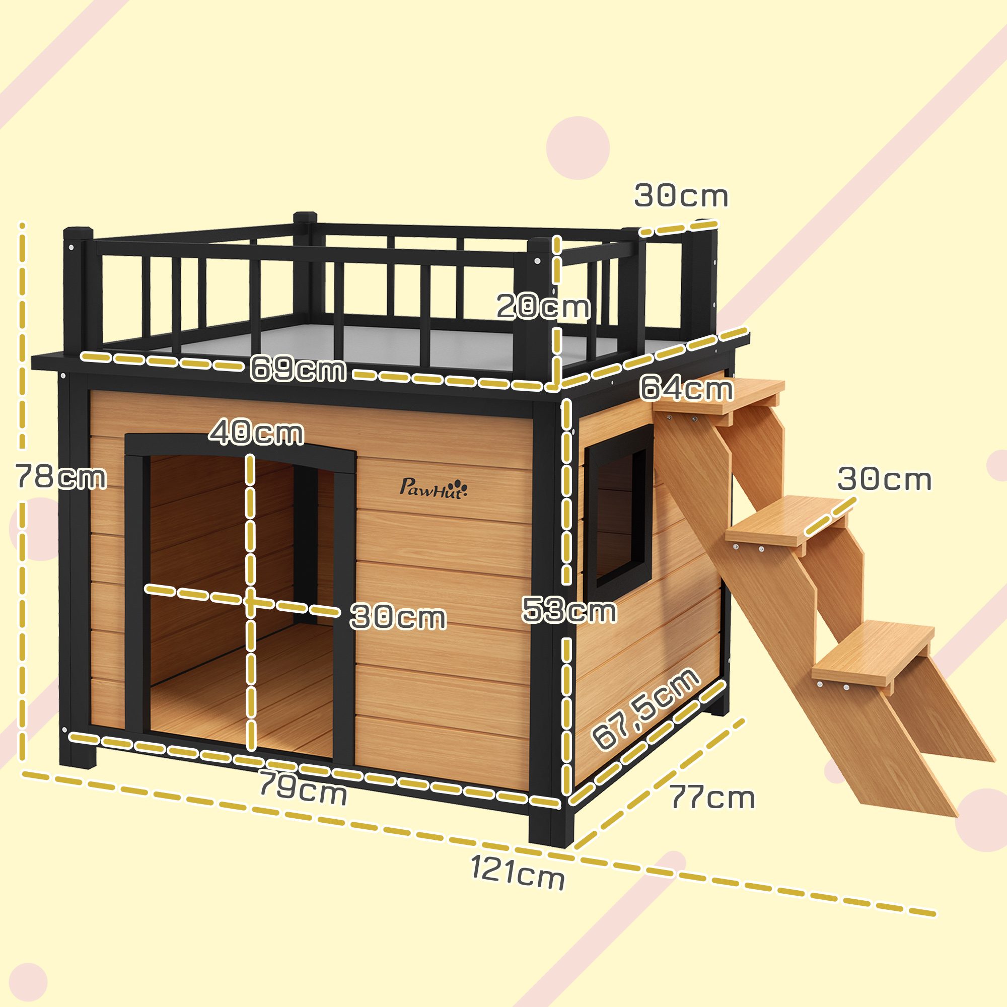Hundehütte mit Dachterrasse, wetterfest, Holz, 121x77x78cm, Schwarz/Gelb