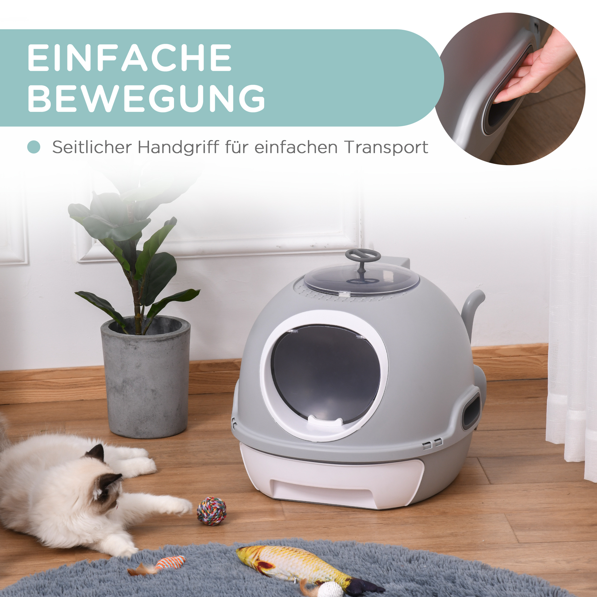 Katzentoilette mit Dachfenster, Katzenklo mit Bodenschale, mit Schaufel, Tragbar, PP ABS, Grau, 47 x 55 x 44 cm