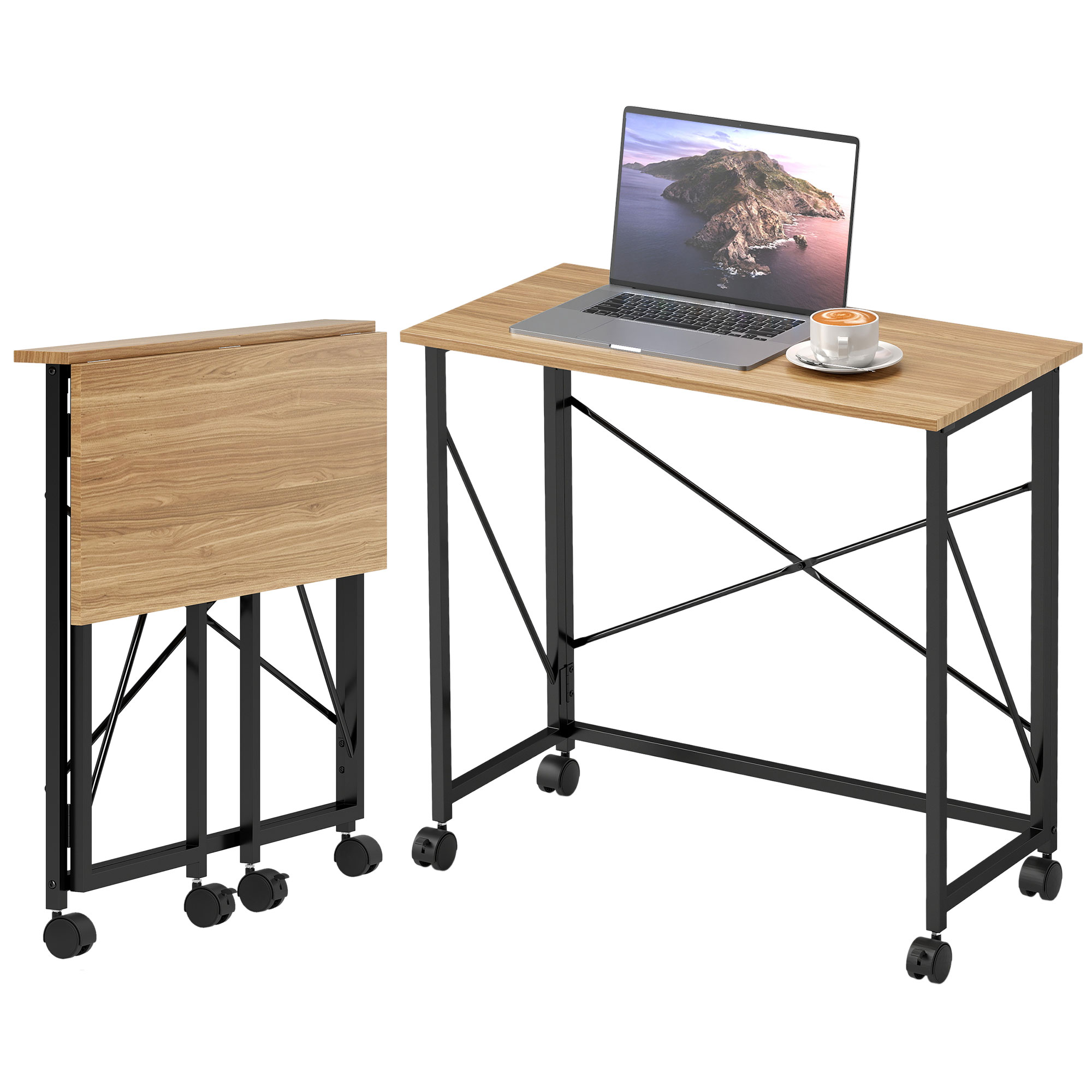 Klappbarer Schreibtisch mit Rädern, platzsparend, Stahl, MDF, Eiche