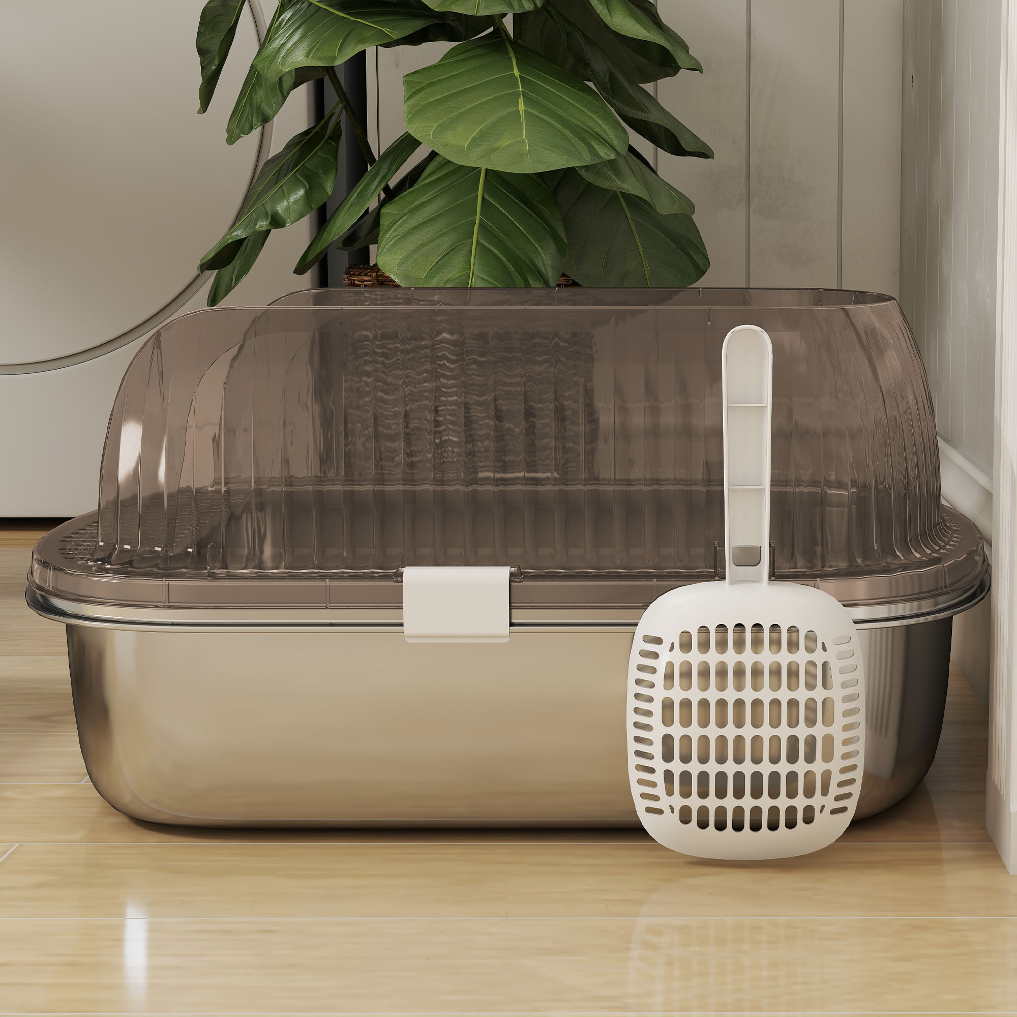 Katzenklo Edelstahl, Katzentoilette mit hohem Rand, Wanne, inklusive Schaufel, für große Katzen, 53x42x27cm, Kohlegrau