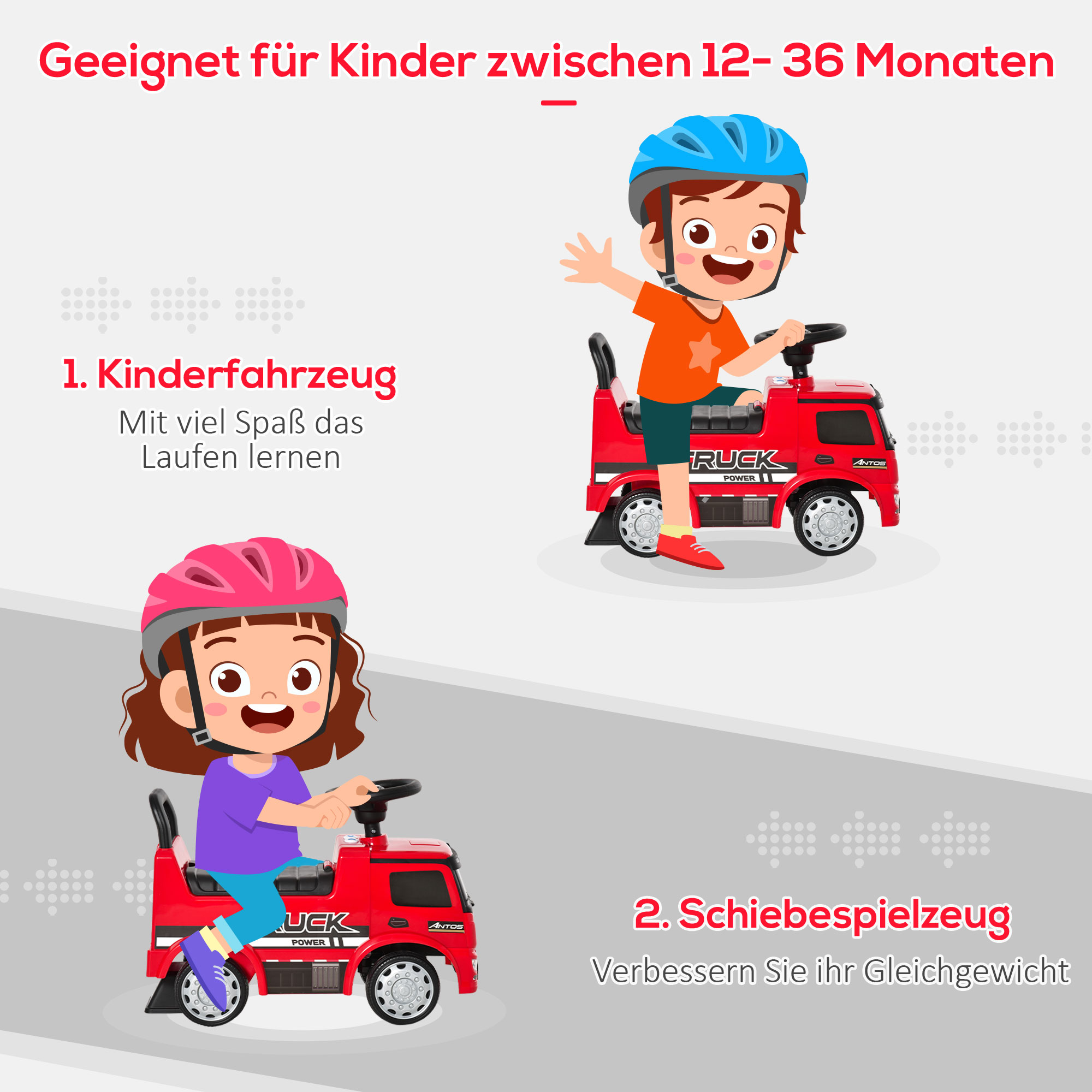 Rutscherfahrzeug Rutscherauto Babyrutscher Kinderfahrzeug lizenziert von Mercedes ANTOS-LKW-Stil mit Licht für Kinder von 12 bis 36 Monaten Metall PP-Kunststoff Rot+Schwarz 62,5x28,5x45cm