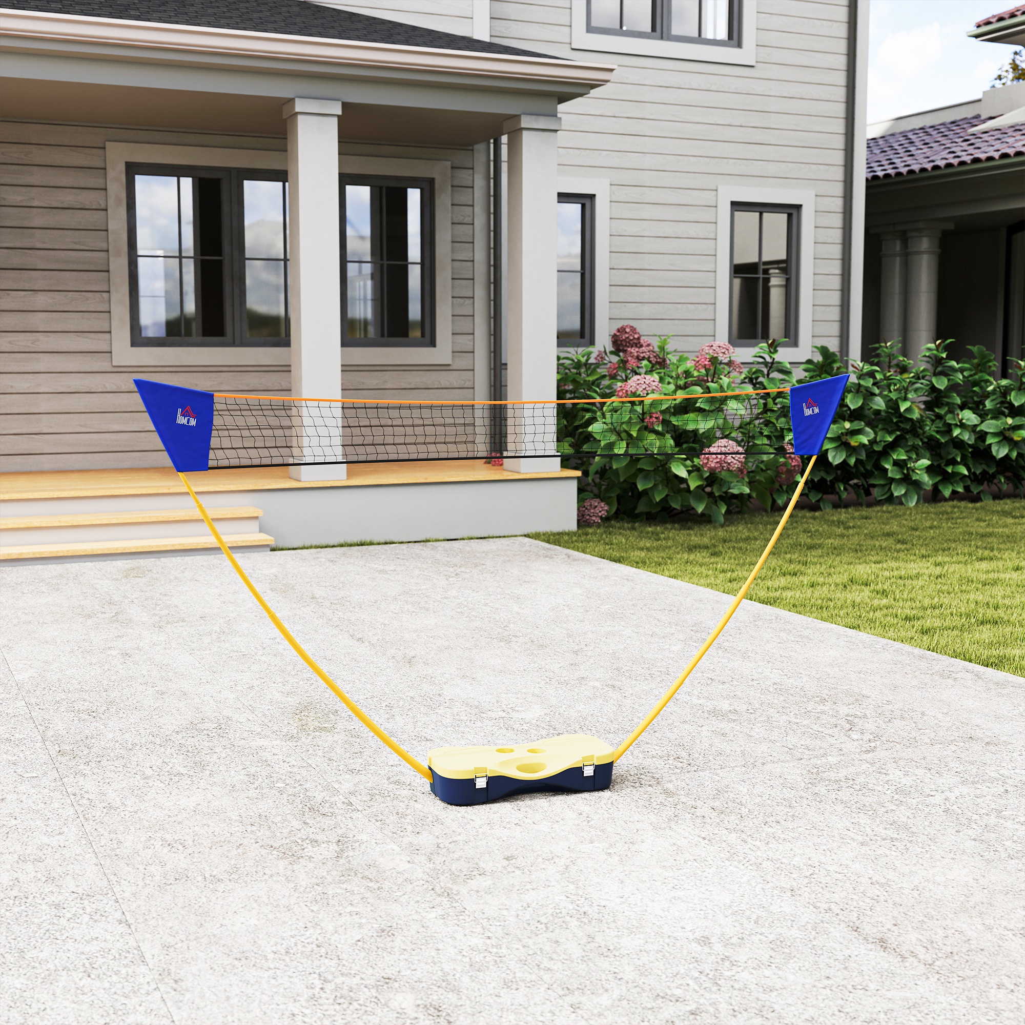 Badminton Netz mit Stand, Badminton-Netzständer, tragbarer Netzständer, Badmintonnetz mit 4 Badminton-Schlägern, Outdoor-Sport, Gelb+Blau, 286 x 33 x 157 cm