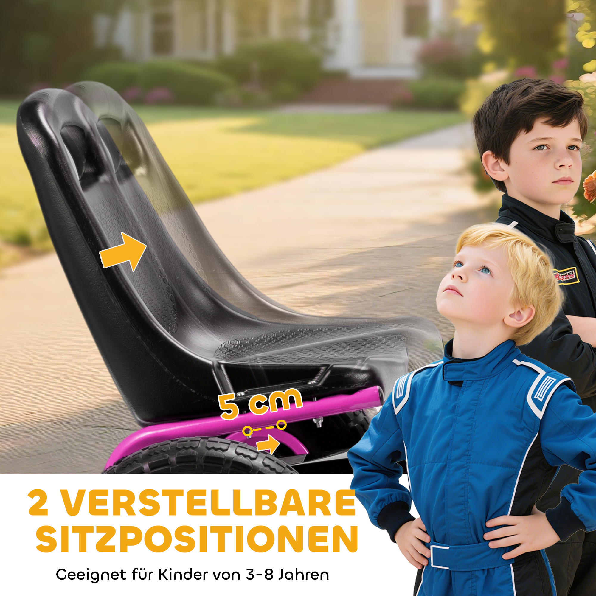 Pedal-Gokart für Kinder, höhenverstellbarer Sitz, EVA-Räder, Bremse, Kupplung, 3-8 Jahre, Rosa