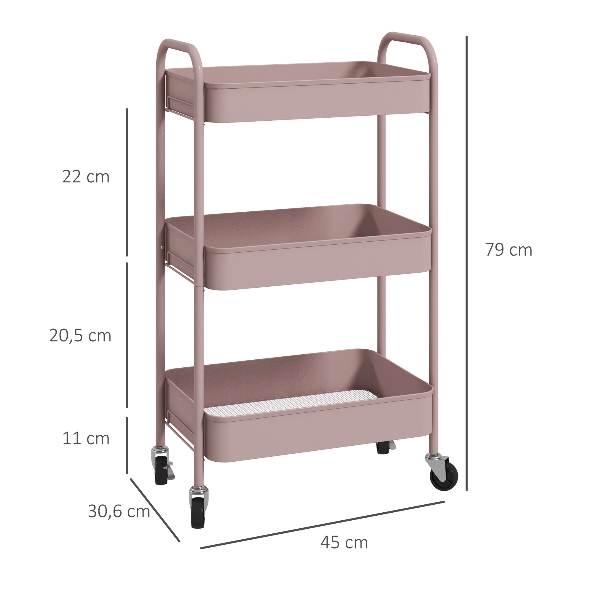 Mehrzweckwagen Rollwagen Küchenwagen, 3 Regale, 4 Rollen, 45 cm x 30,6 cm x 79 cm, Rosa