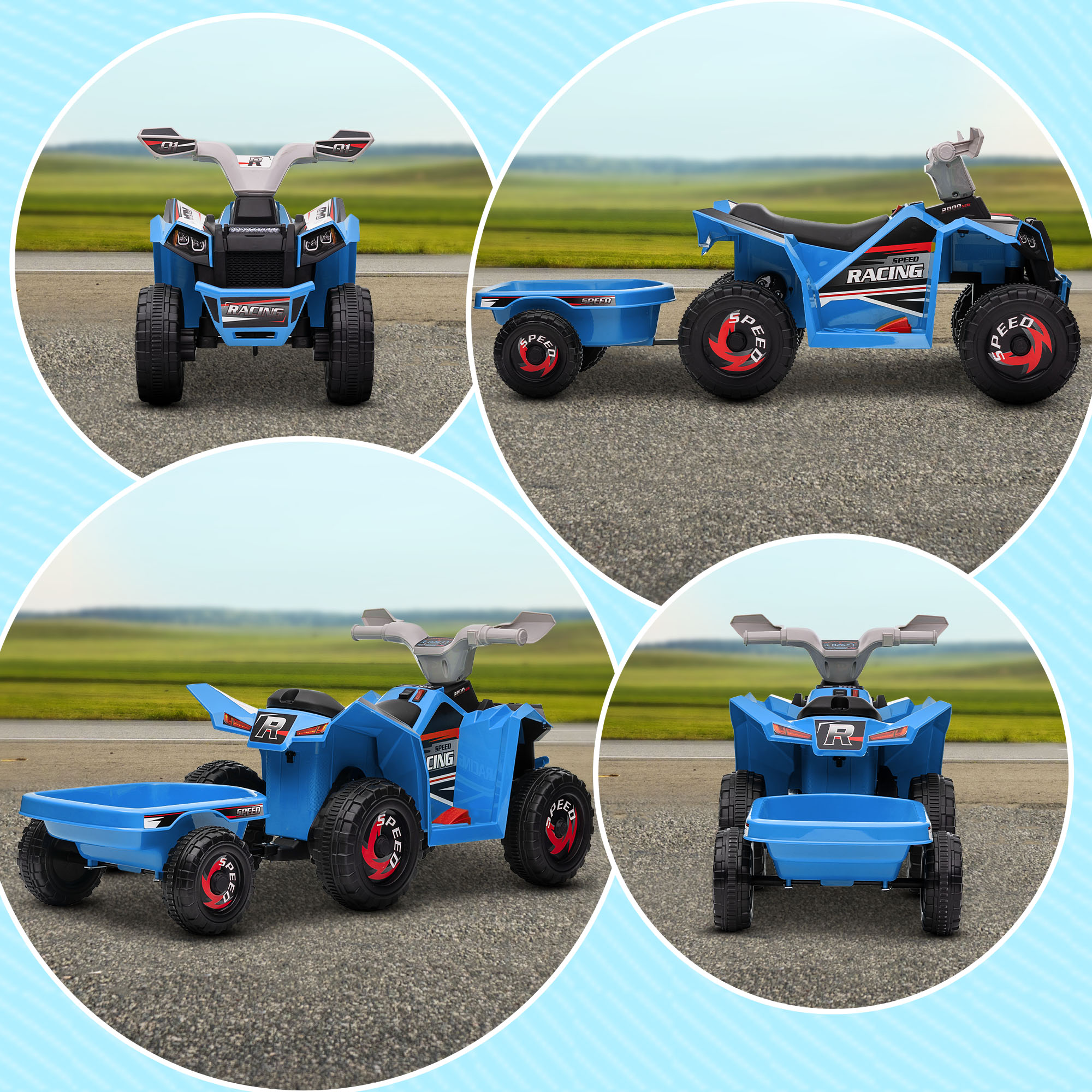 Kinderquad, aufladbar, 2,5 km/h, mit Anhänger, 50 Min, Fahrzeit, für Kinder 1,5 bis 3 Jahre, Blau
