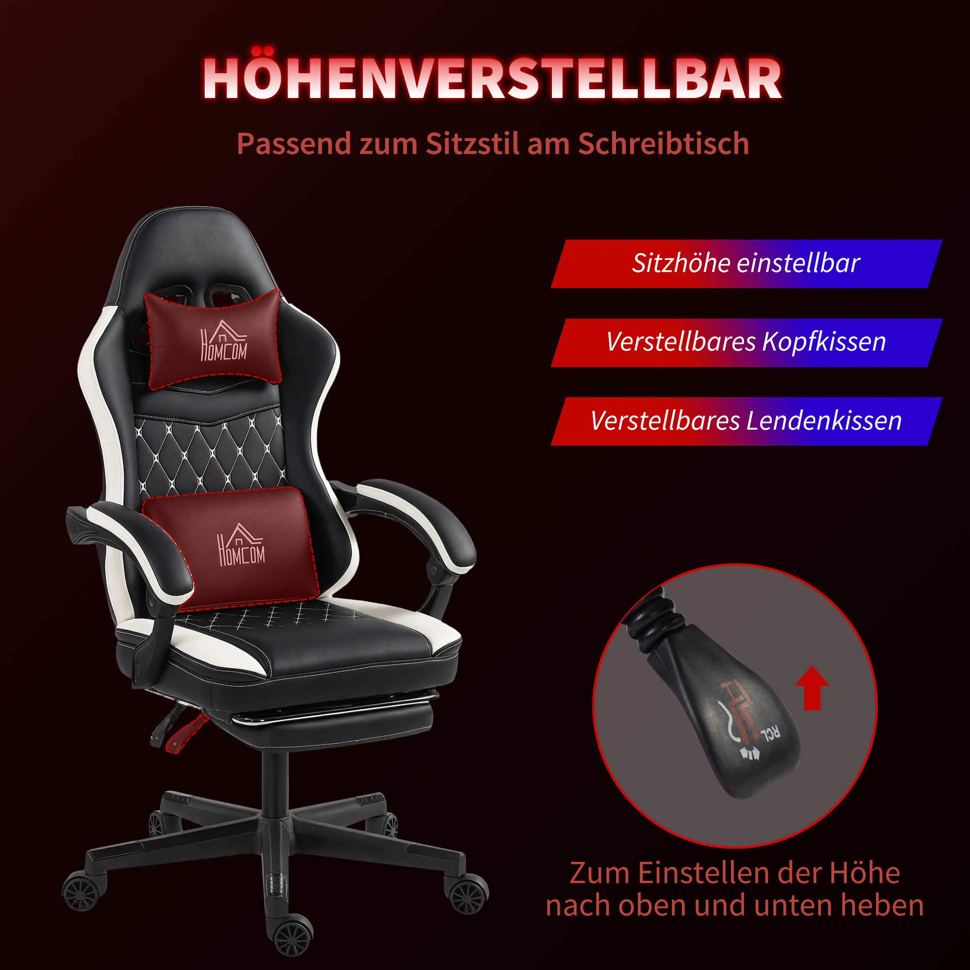 Gaming-Stuhl mit Fußstütze, Computerstuhl mit Kopfstütze & Kissen, Kunstleder-Bezug, drehbar, höhenverstellbar, Metall, Kunststoff, Schwarz+Weiß
