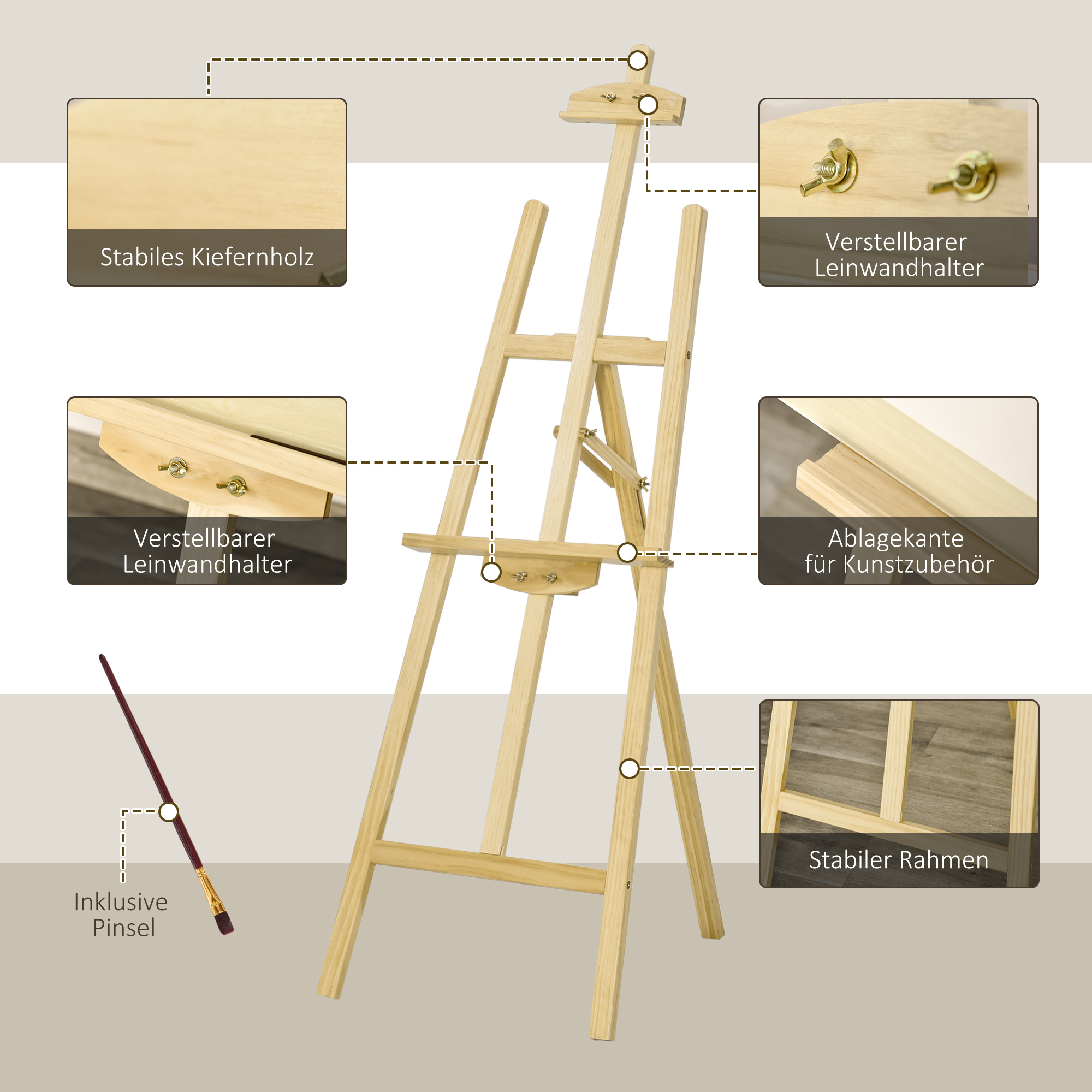 Staffelei Holz 134,5 cm hoch Holzstaffelei für Leinwände bis 108 cm Feldstaffelei Atelierstaffelei für Malerei, Skizze, Hochzeit, Ausstellung Natur