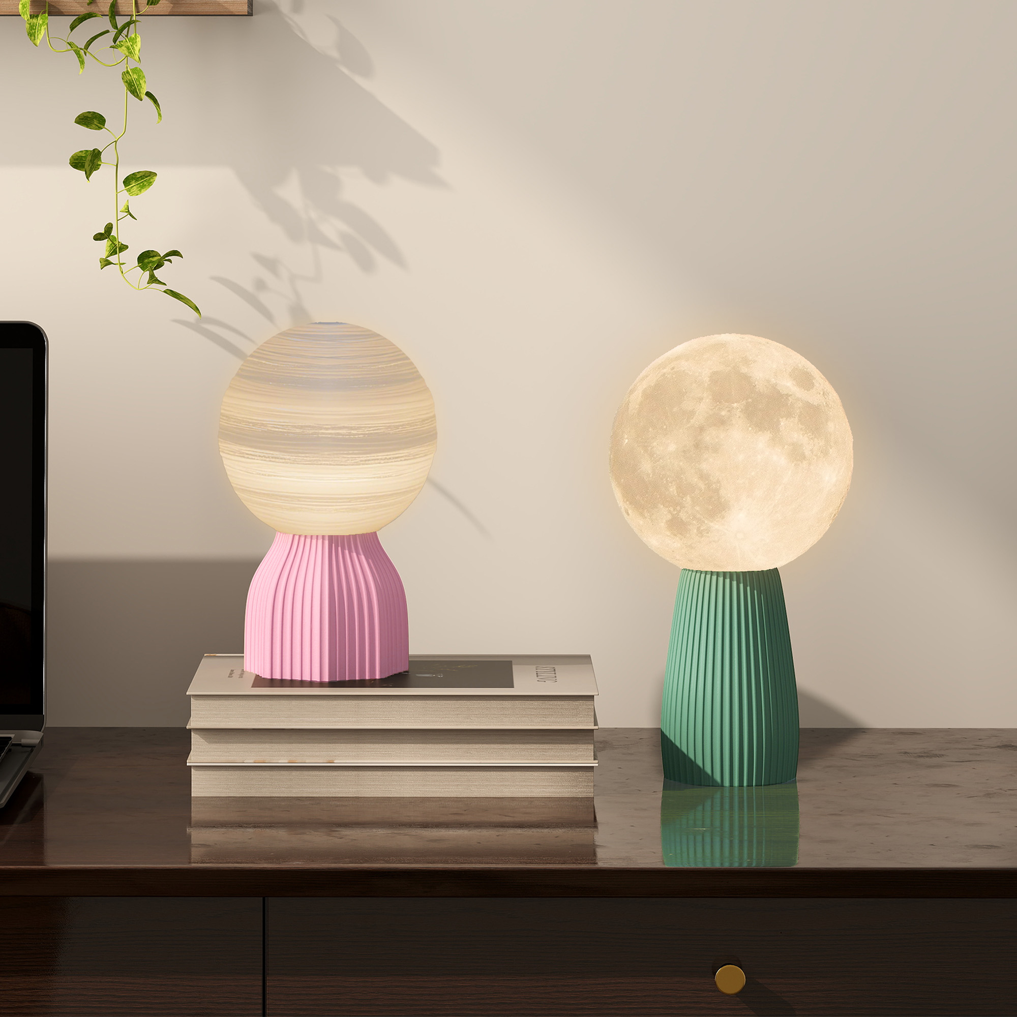 Tischlampen-Set in Planeten-Optik, 3-farbig, USB, Kunststoff, Weiß