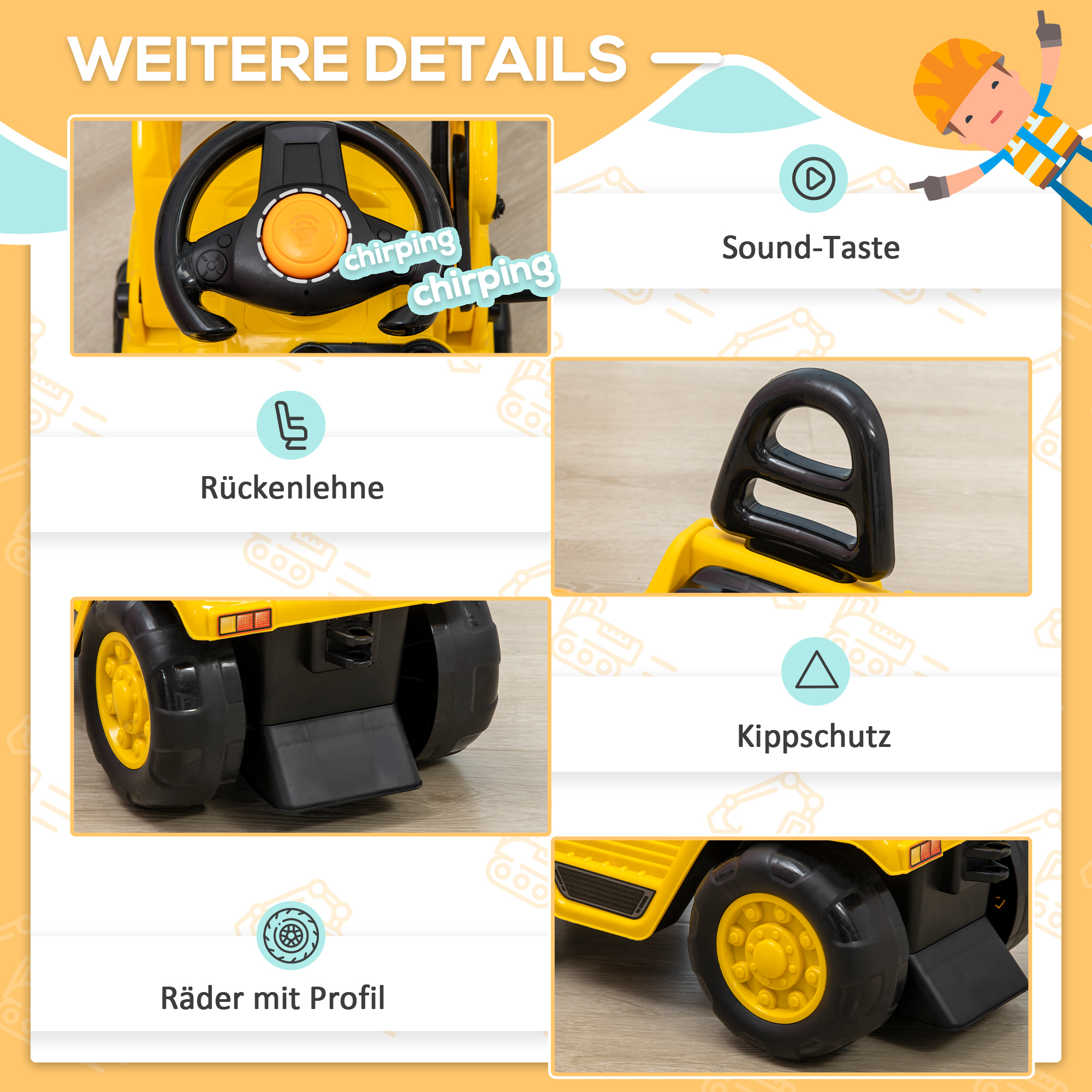 Aufsitzbagger, mit Kralle, Hupe, Sound-Effekten, Stauraum, Kippschutz, für Kinder 2-4 Jahre