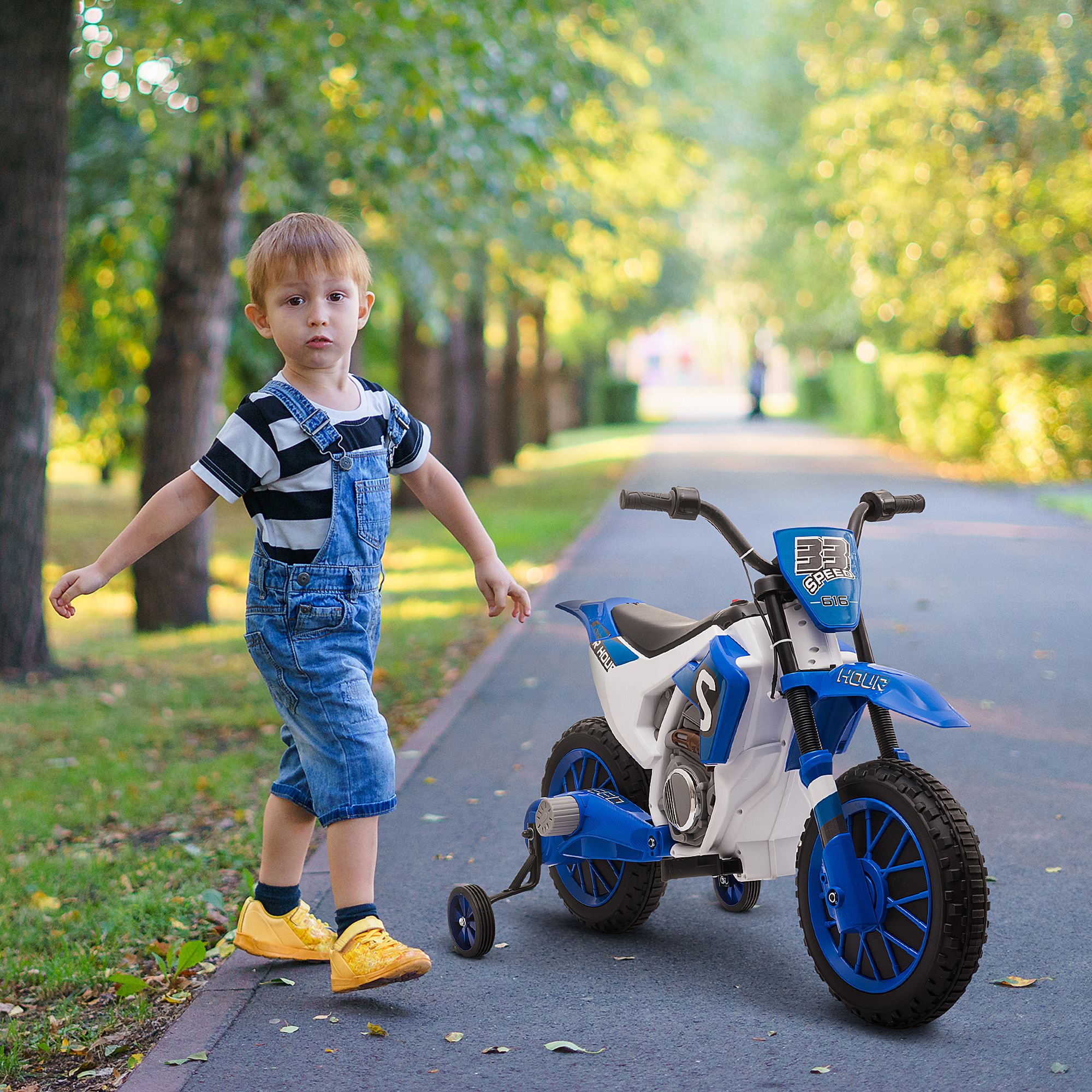 Kindermotorrad, Elektromotorrad, 45 Min Fahrzeit, mit Stützrädern, ab 3 Jahren, blau+weiß, 106,5 x 51,5 x 68cm