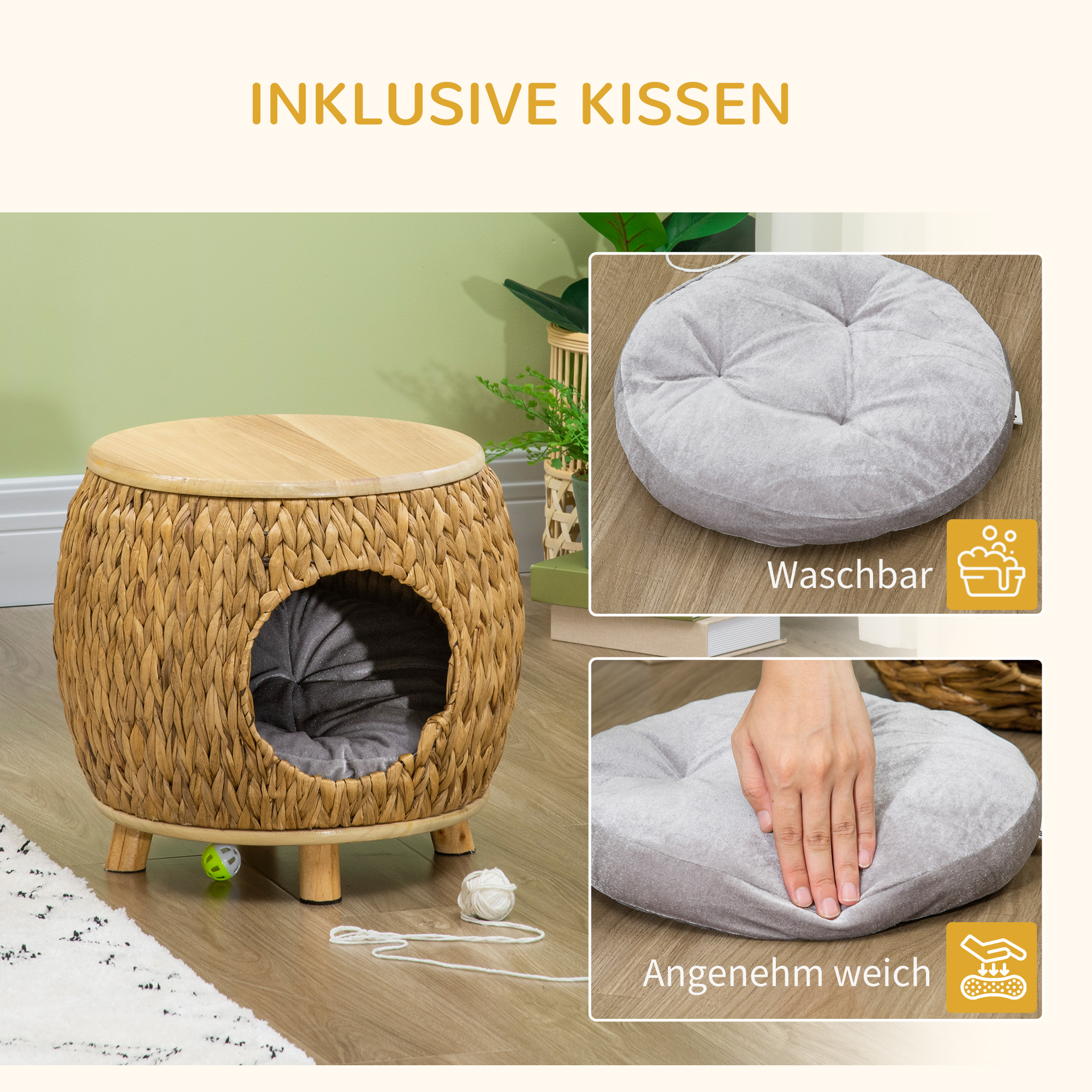 Katzenhöhle aus Wasserhyazinthengras, waschbares Kissen,  44 cm x 43 cm x 42 cm  Hellbraun+Naturholz+Grau