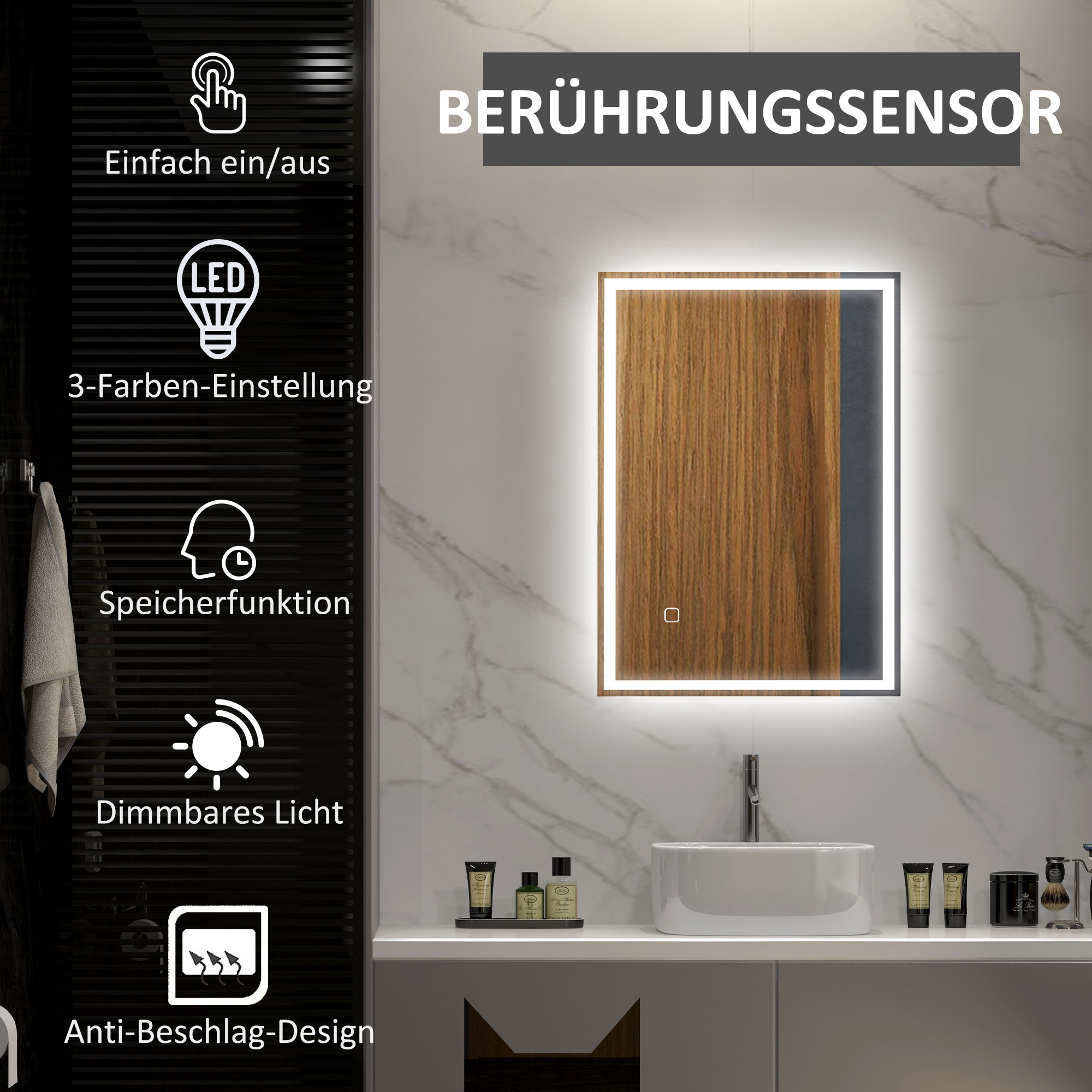 Badspiegel Badezimmerspiegel Wandspiegel LED´s, Berührungsschalter, Weiß