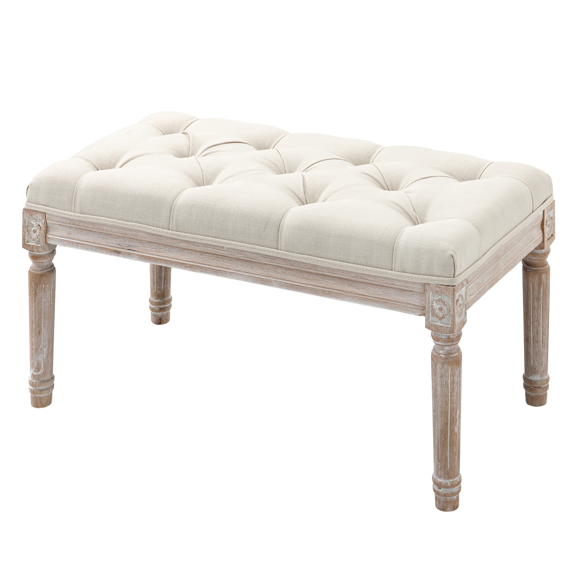 Gepolsterter Sitzhocker, Polsterbank, Fußhocker, Holz und Stoffbezug in Leinenoptik, 80L x 40B x 43H cm, Cremeweiß