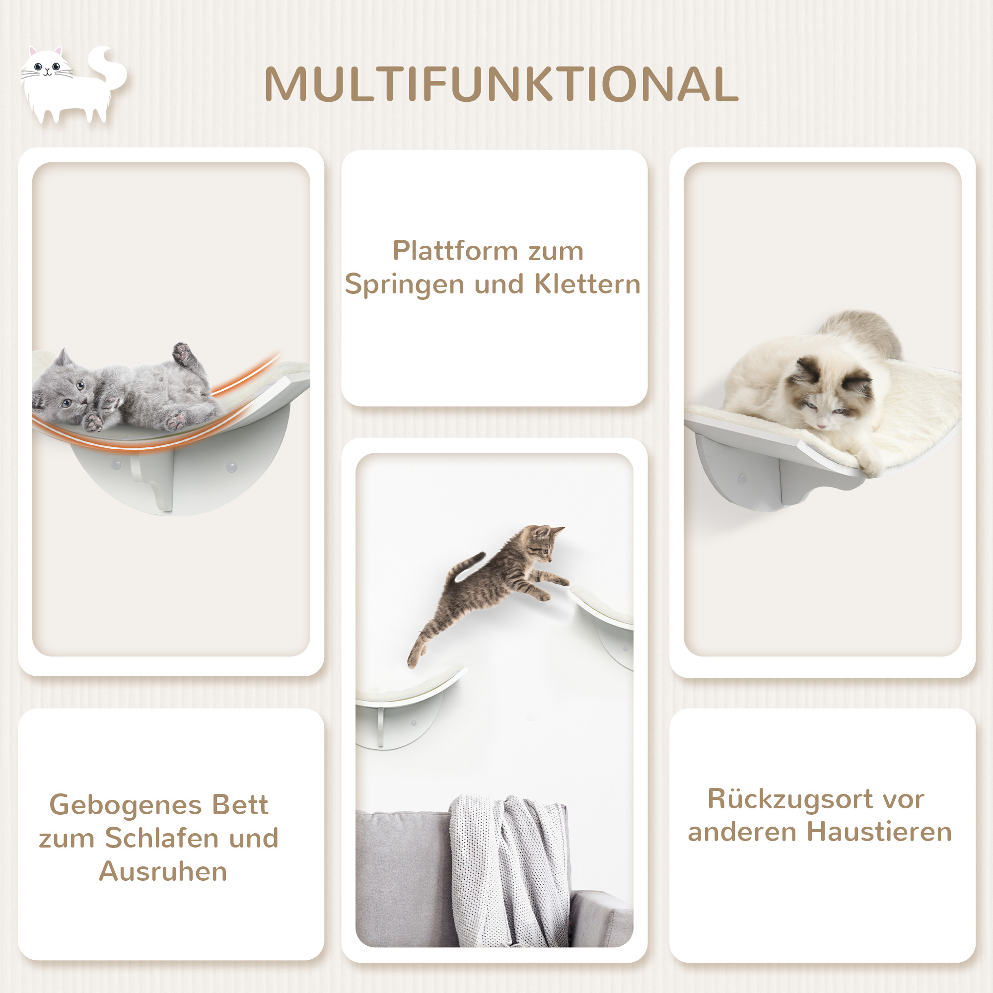 Katzenregal, Wandmontage, weiche Liegefläche, bis 10kg, 41x28x21cm, Weiß