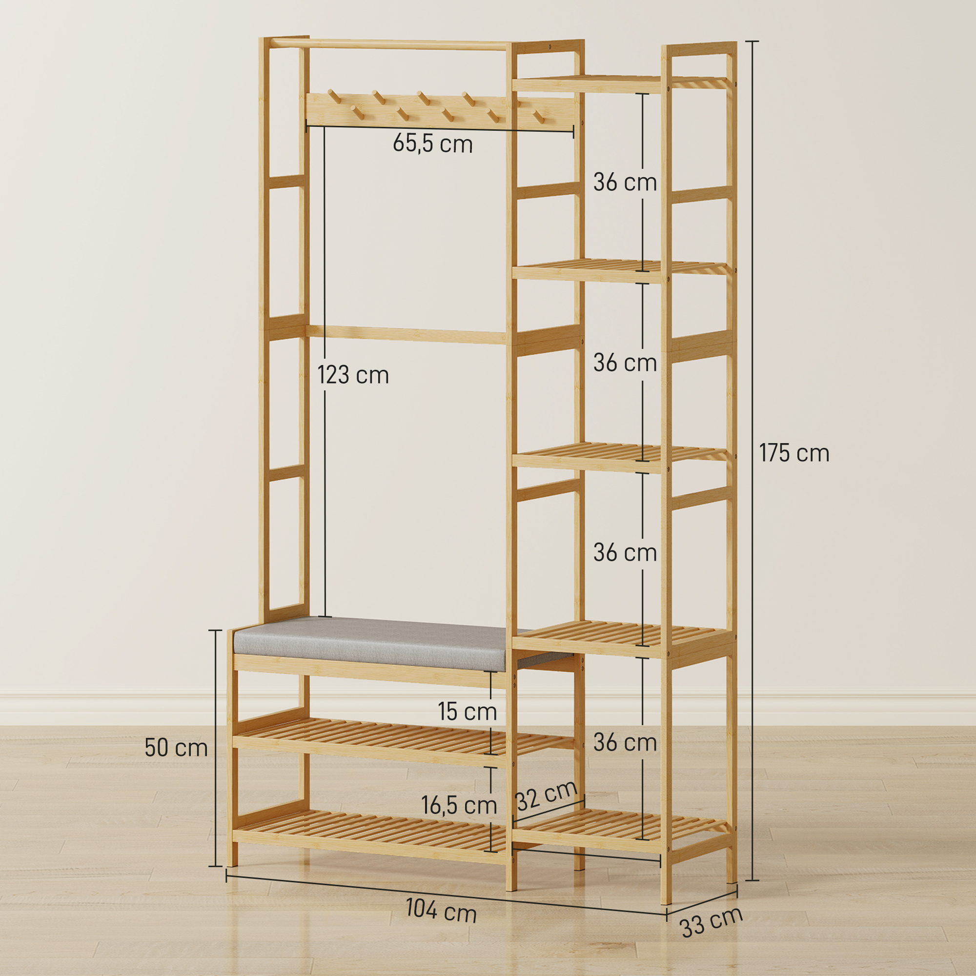 Garderobenständer mit Schuhregal, Kleiderhaken, Mantelständer, Sitzbank mit Kissen, für Flur, Eingangsbereich, Naturholz