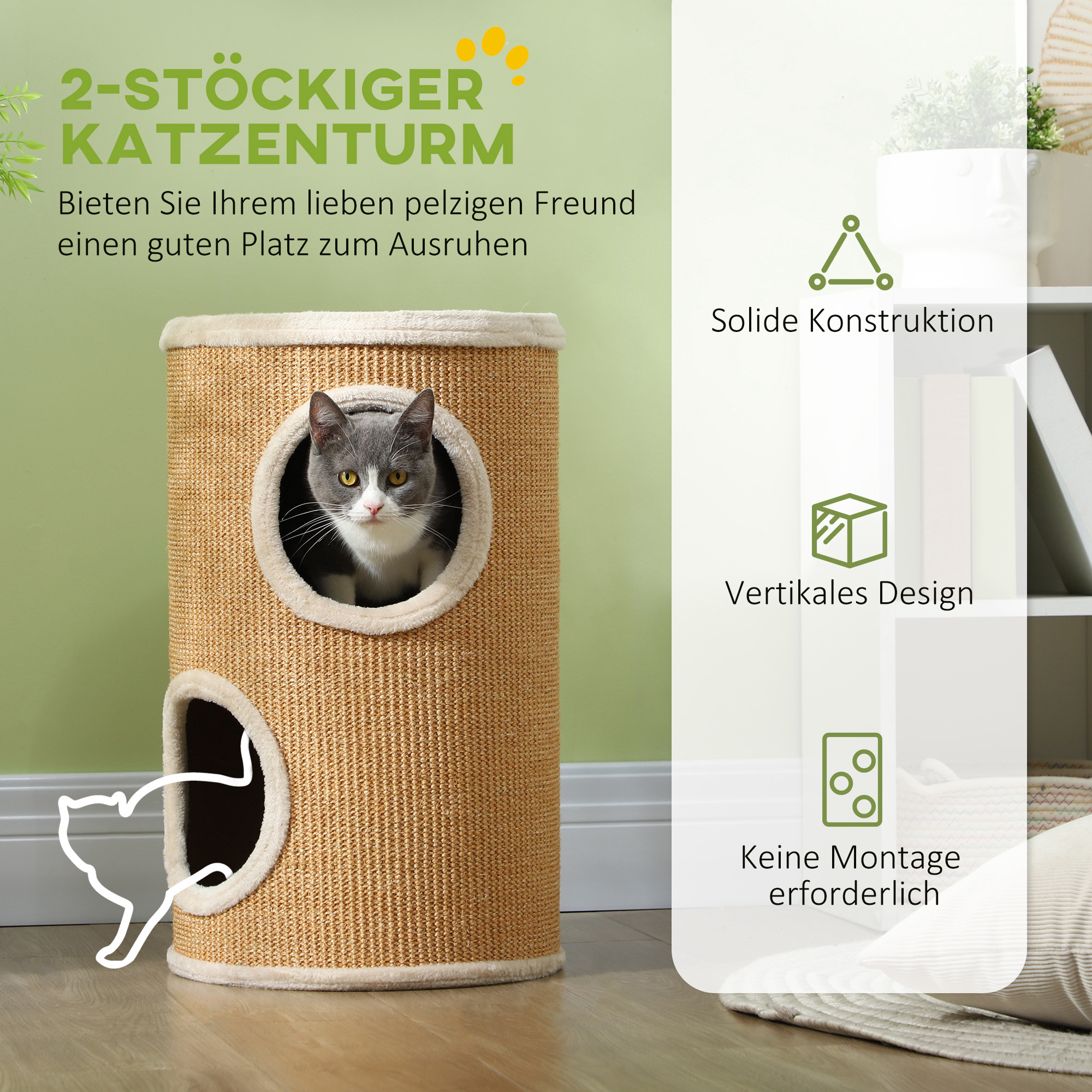 Katzenbaum mit viel Platz, Plüschbezug, Sisal-Oberfläche, ?35 x 60H cm, Braun-Beige, 10 kg