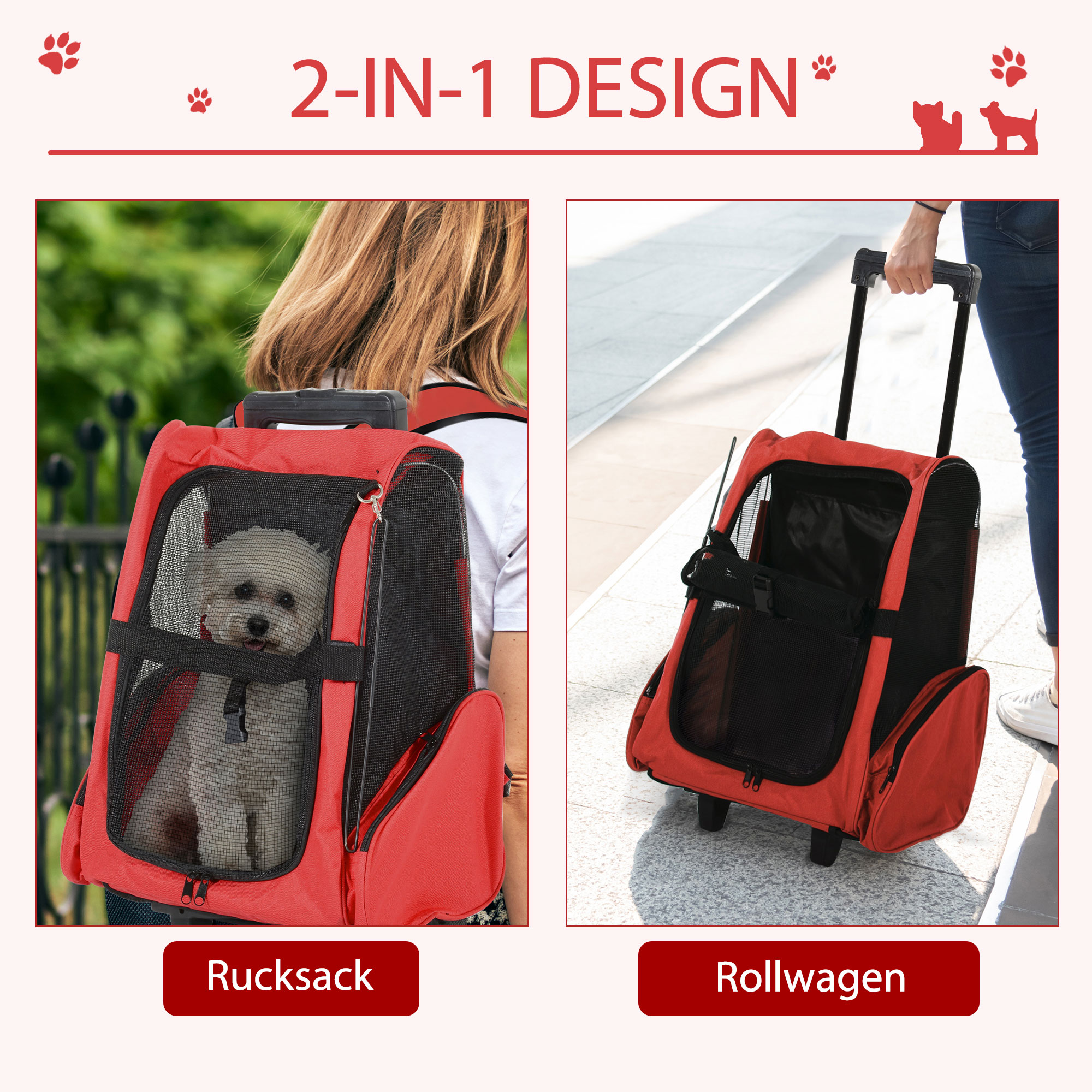 Hundetransporttasche, Haustierrucksack, 2-in-1-Design, ausziehbarer Griff, Seitentaschen, Rot, 42 x 25 x 55cm