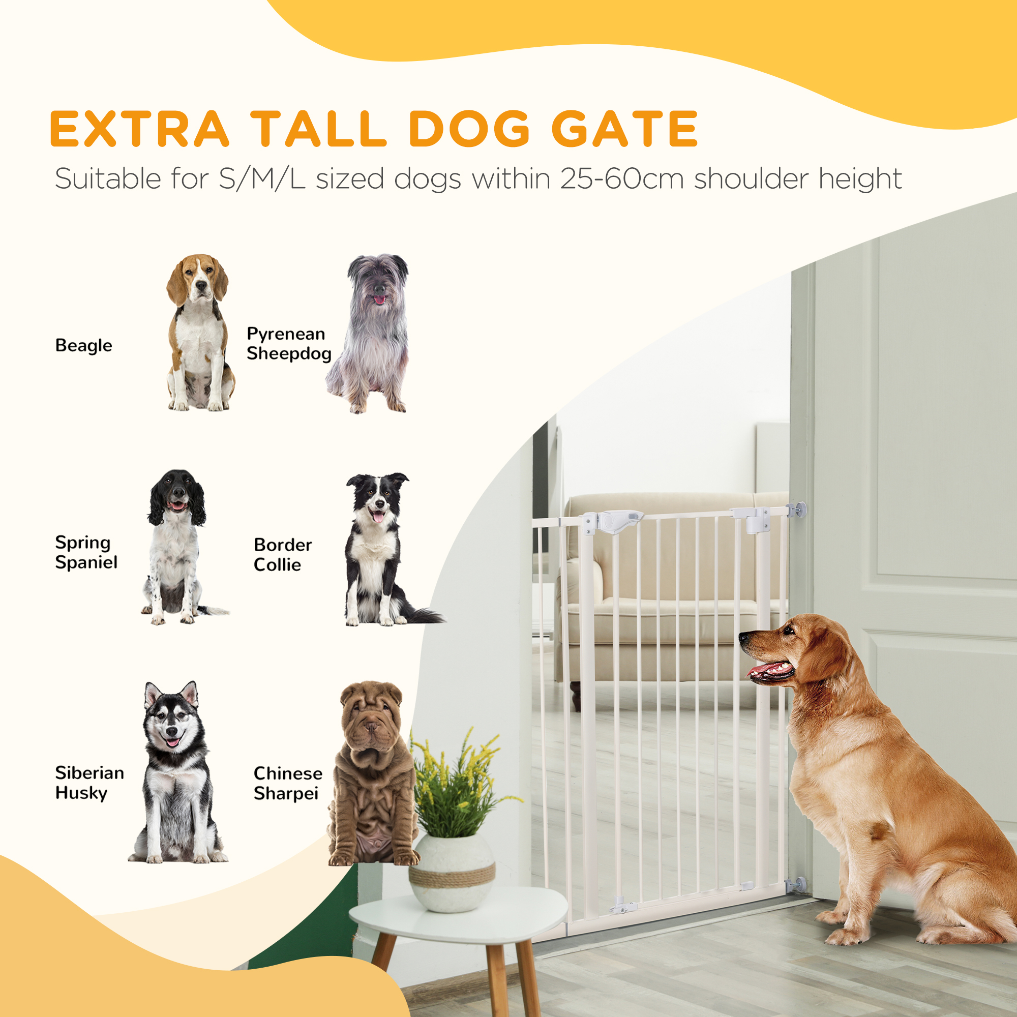 Absperrgitter für Hunde, extra hoch, Schließautomatik, Metallrahmen, 97,5 x 104,1 cm, Weiß