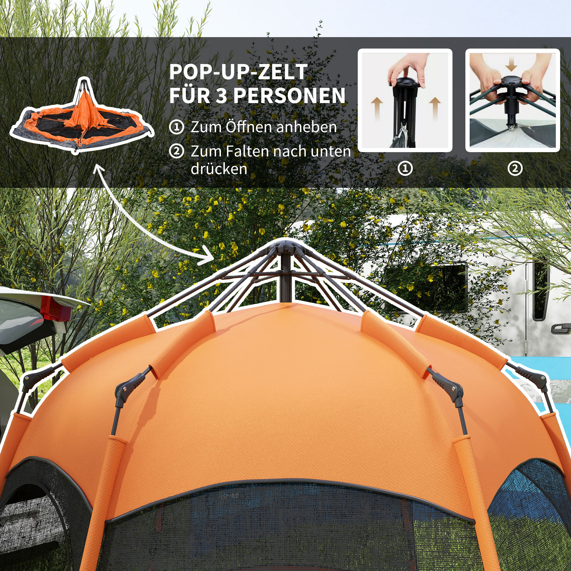 Doppellagiges Instant-Pop-Up-Zelt mit Regenschutz, Outdoor Familienzelt für 4 Personen wasserdicht sechseckig 4 Jahreszeiten Kuppelzelt mit Bodenplane 2 Türen Moskitonetz Tragetasche Orange