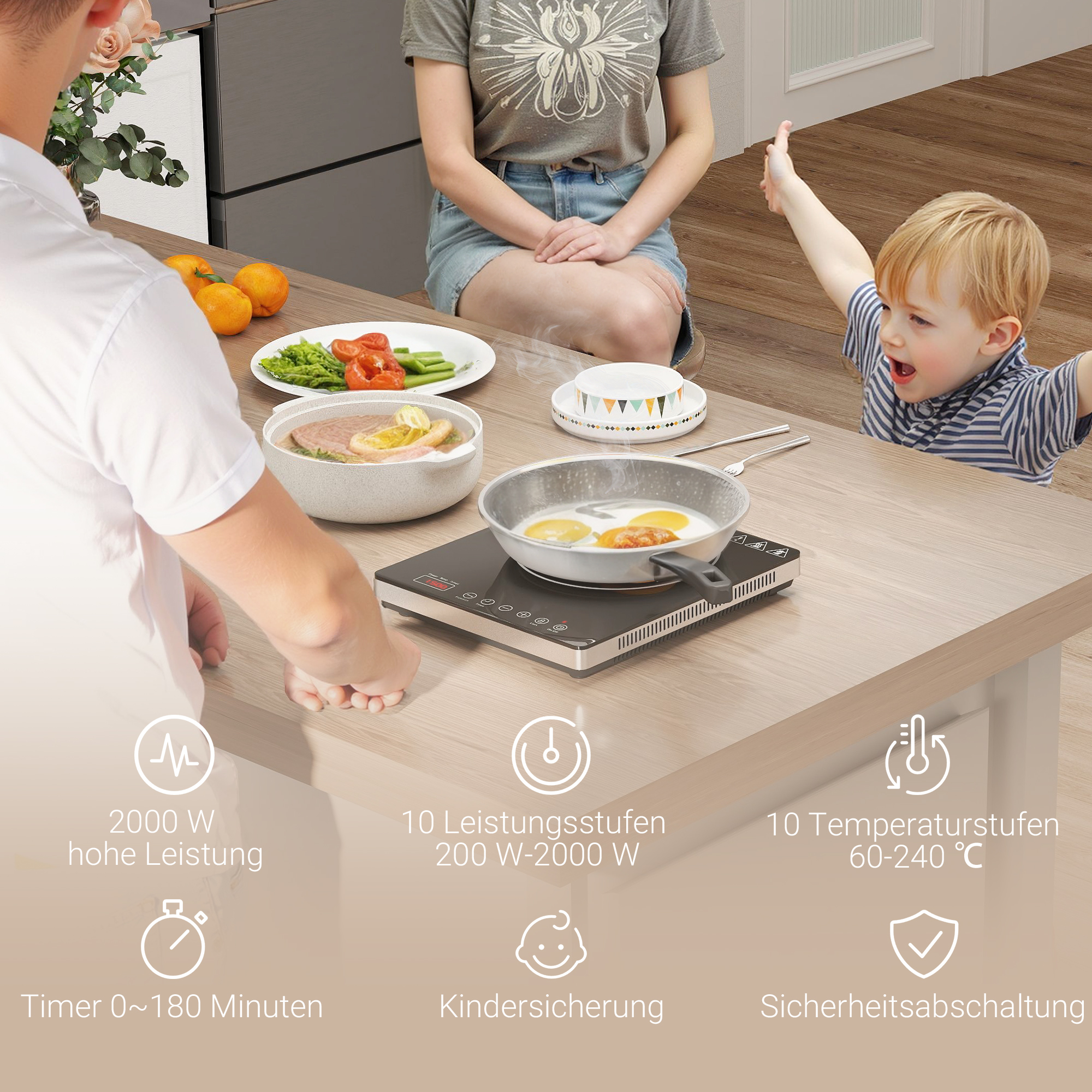 Kochplatte, Induktionskocher mit 10-Stufen-Temperatur, Touchpanel, Schwarz