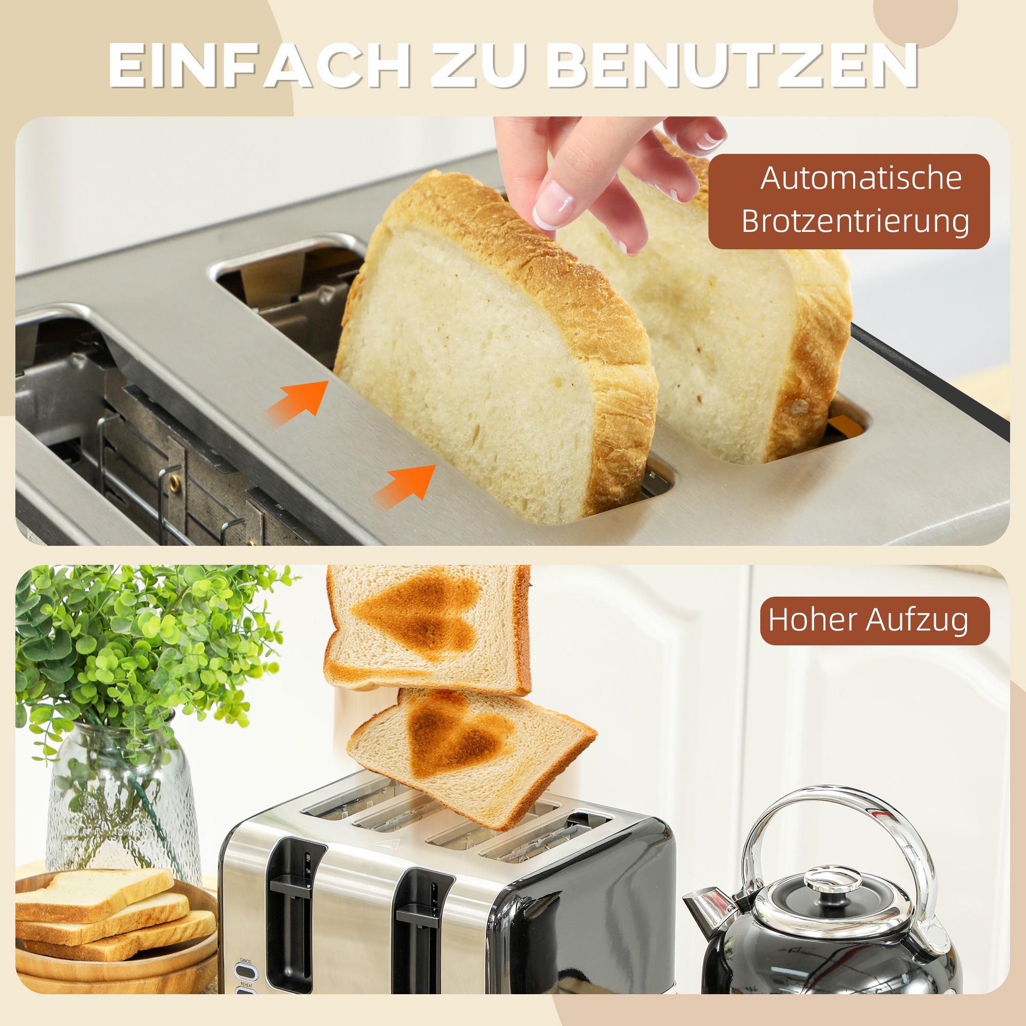 Wasserkocher- und Toaster-Set, 7 Bräunungsstufen, 1,7 L, Kunststoff, Edelstahl, Schwarz