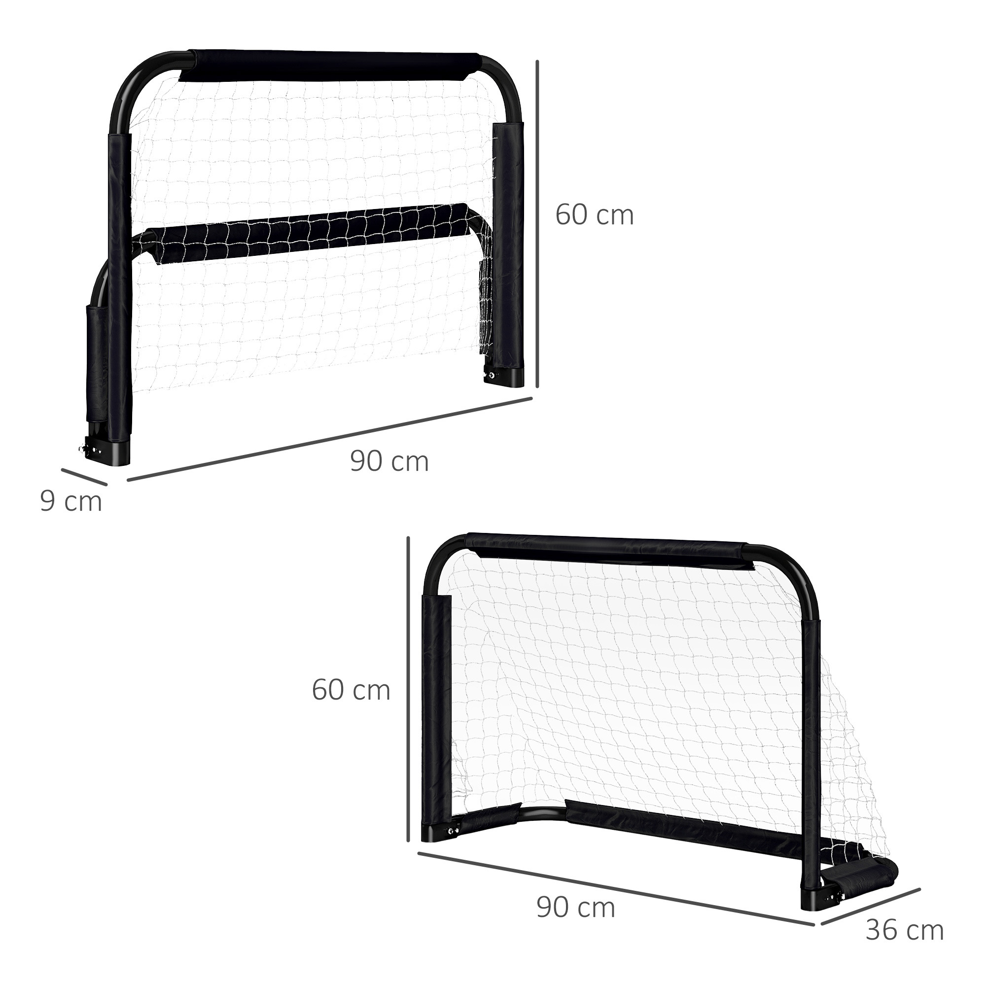 Fußballtor-Set, 2 klappbare Minitore, Metallrahmen, inkl, Werkzeug, 90 x 36 x 60 cm, Schwarz