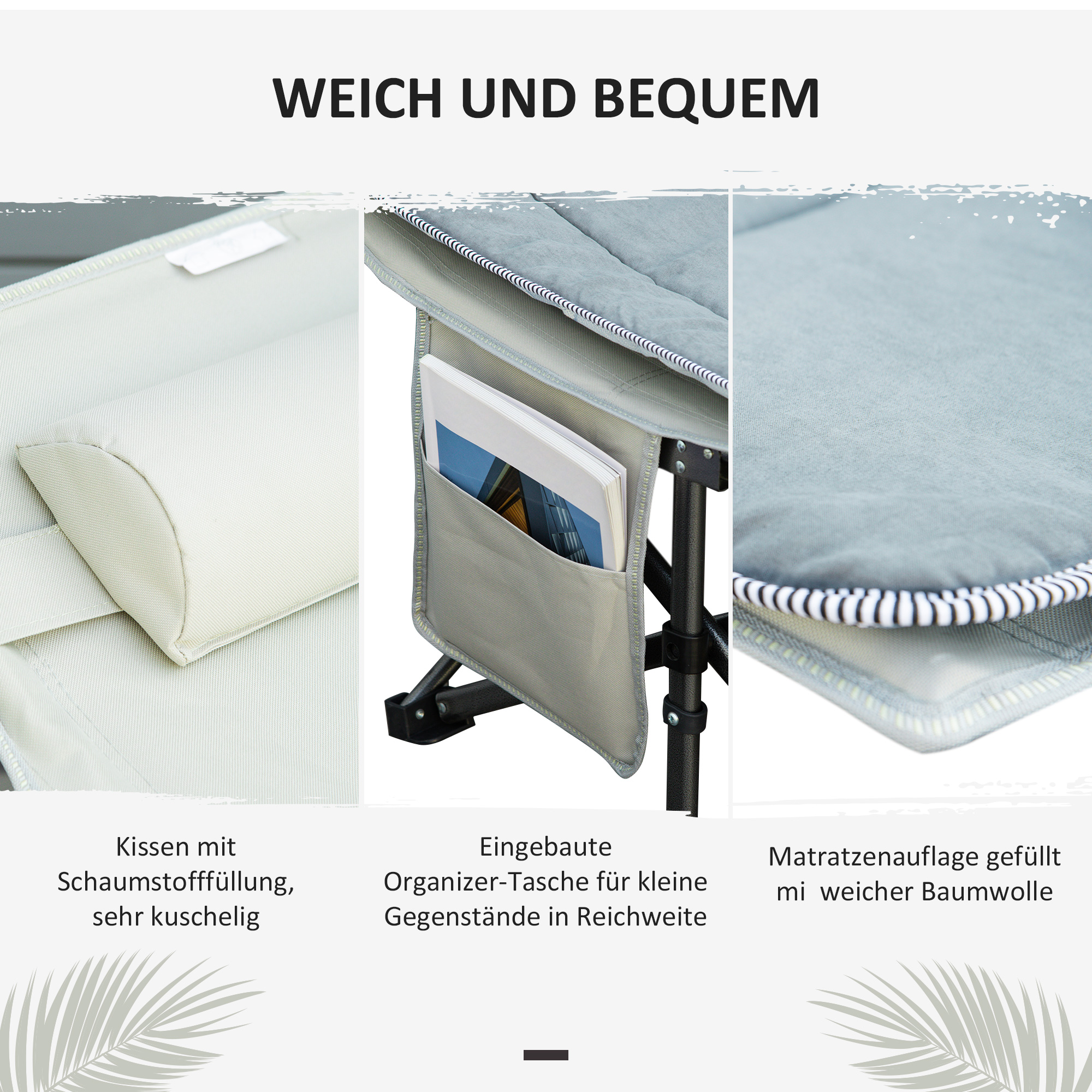 Feldbett faltbar Campingbett mit Matratze Tragetasche 188 x 64,5 x 53 cm Gästebett bis 150 kg belastbar Campingliege für Erwachsene Klappbett für Outdoor, Garten Camping Reisen Hellgrau