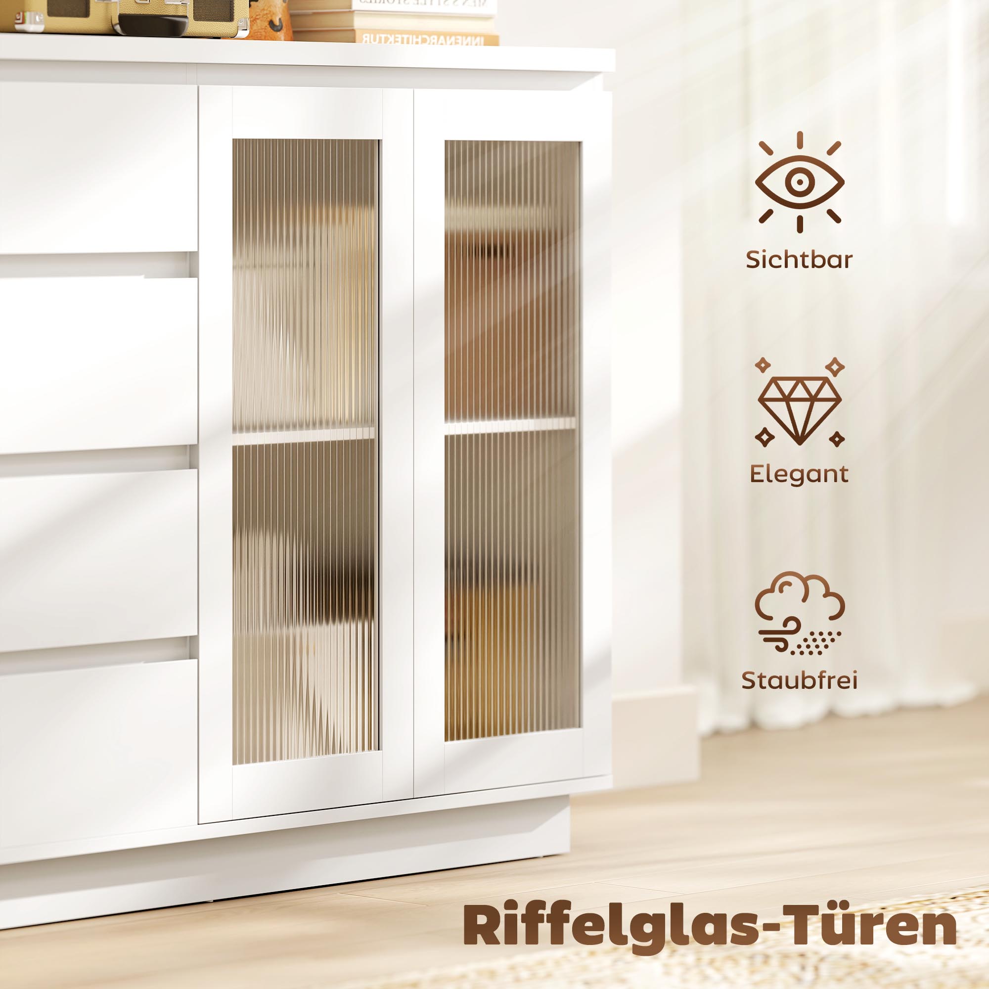 Buffetschrank, Sideboard mit 4 Schubladen, 2 Glastüren, modernes Design, MDF, Weiß