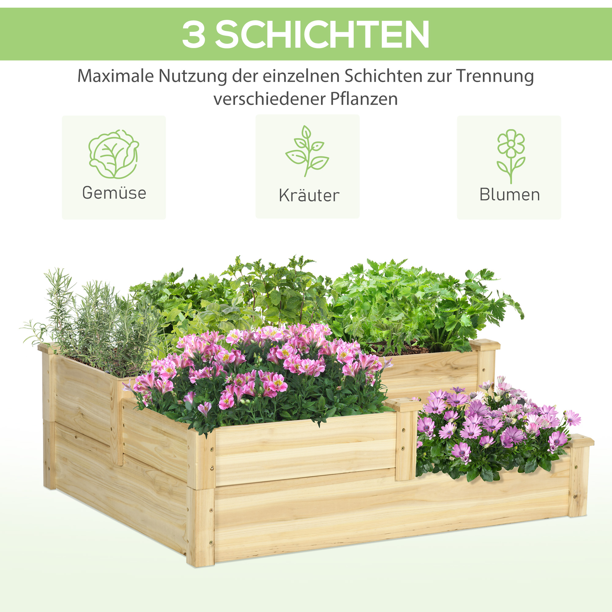 Hochbeet mit 3 Pflanzkästen, 3-stufiges Design, offenere Boden, 108 cm x 88 cm x 36 cm, Natur